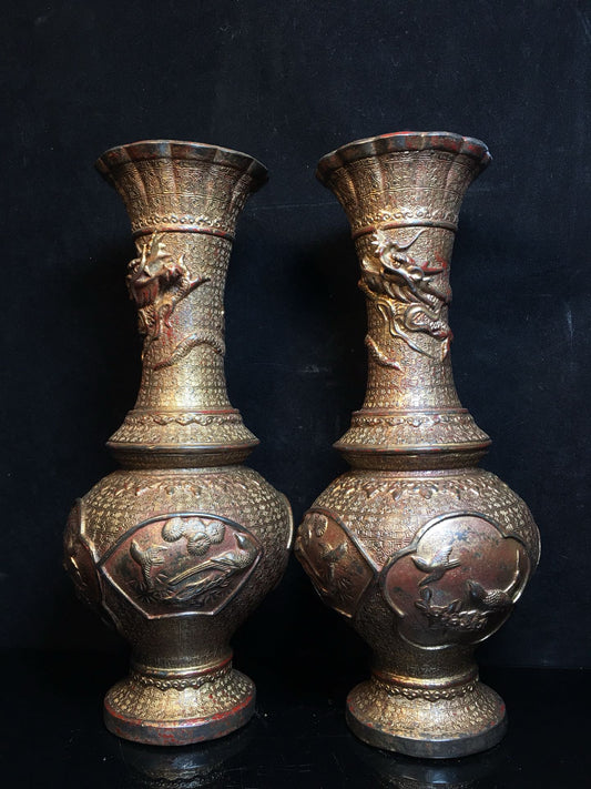 Chinese antique pure copper dragon vase
