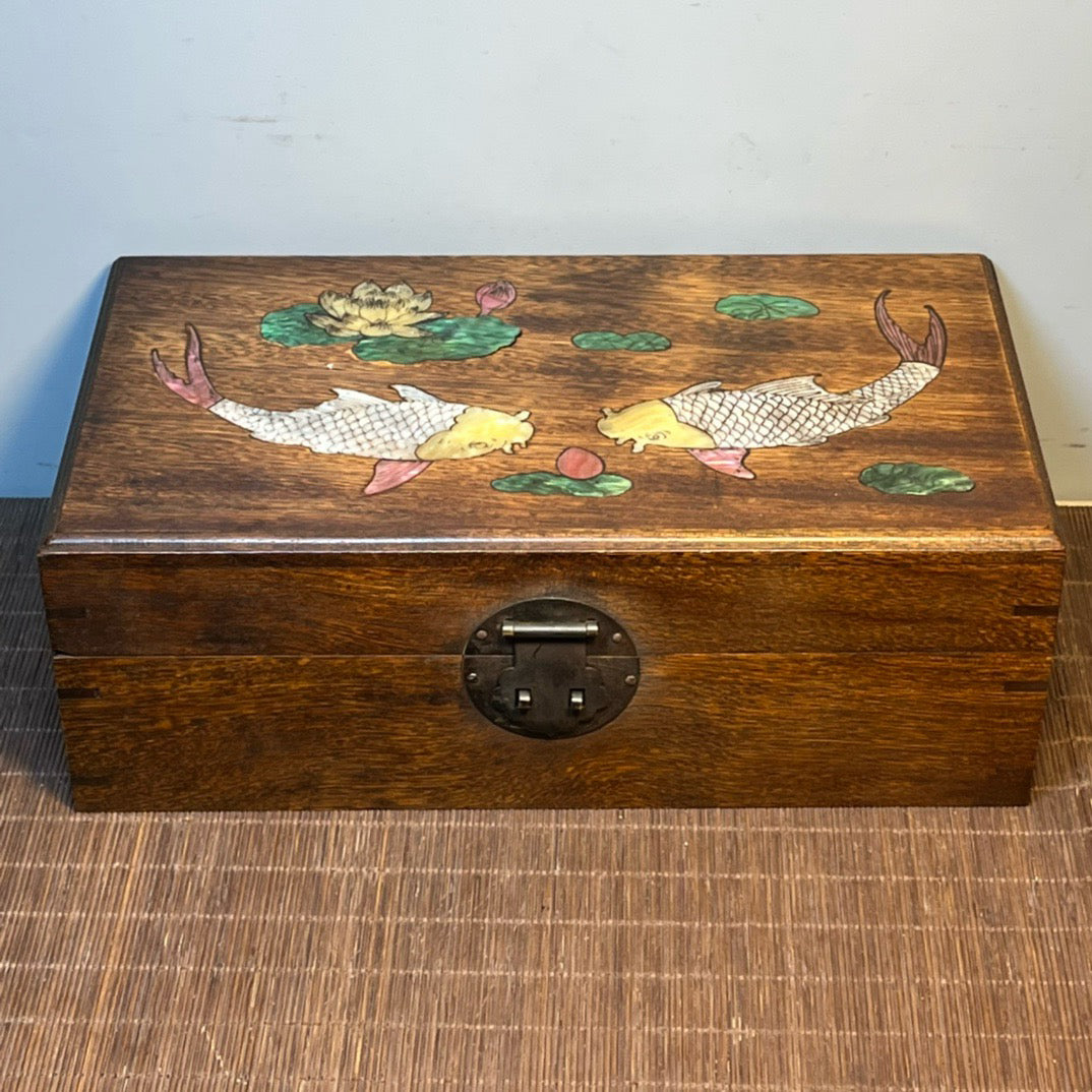 Ancient Chinese rosewood inlaid shell carving storage box, jewelry box