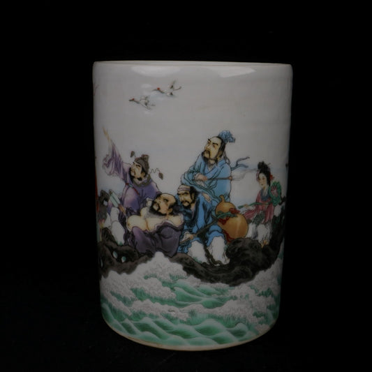 Pink Eight Immortals Crossing the Sea Pattern Pen Holder