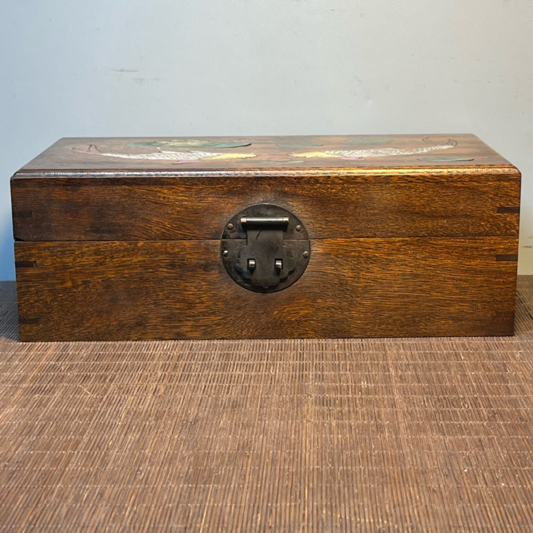 Ancient Chinese rosewood inlaid shell carving storage box, jewelry box