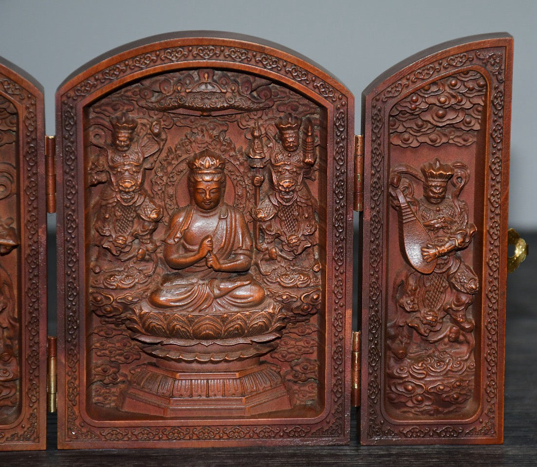 Small leaved boxwood flat three open Guanyin ornaments