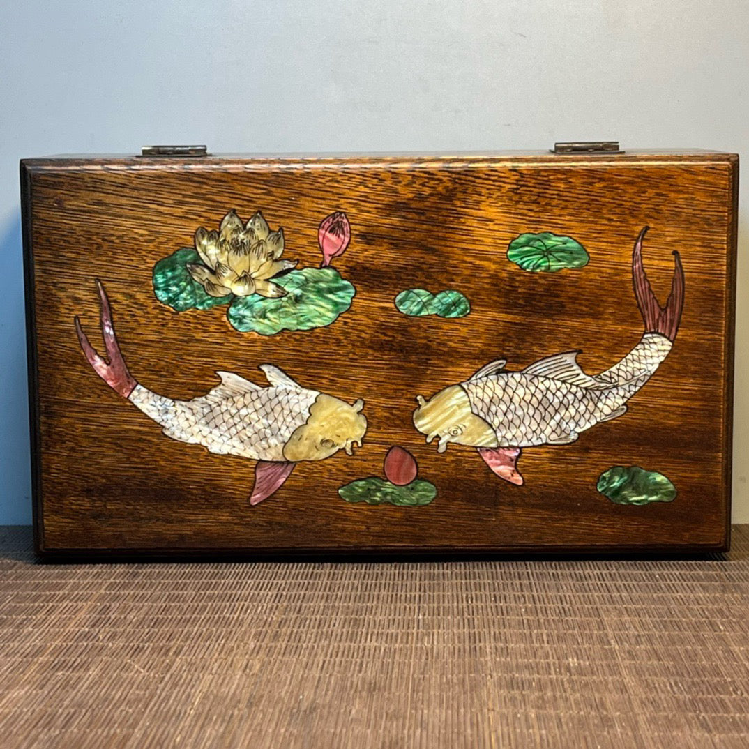 Ancient Chinese rosewood inlaid shell carving storage box, jewelry box