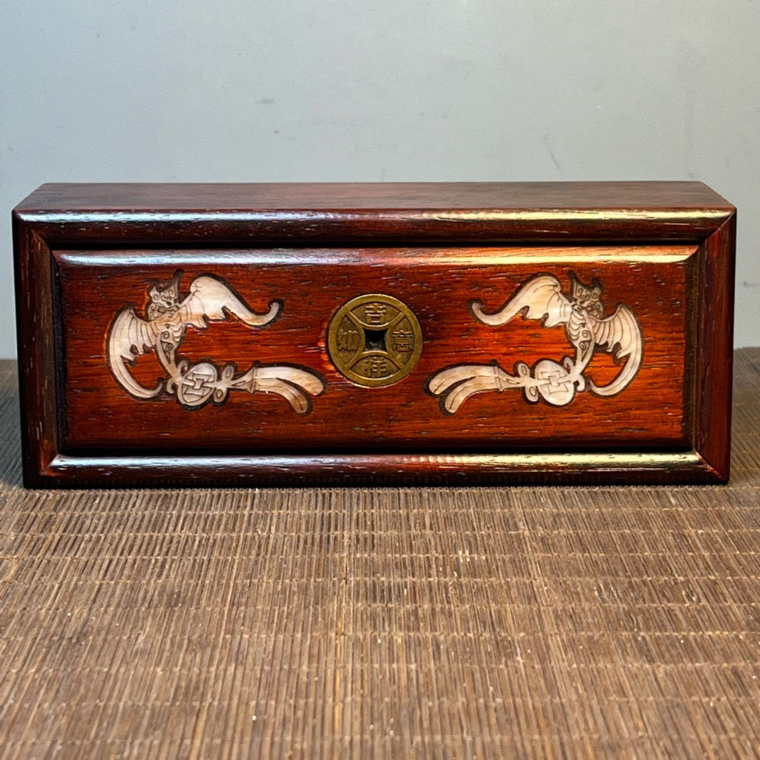 Ancient Chinese blood sandalwood inlaid with shell carving rectangular storage box, jewelry box