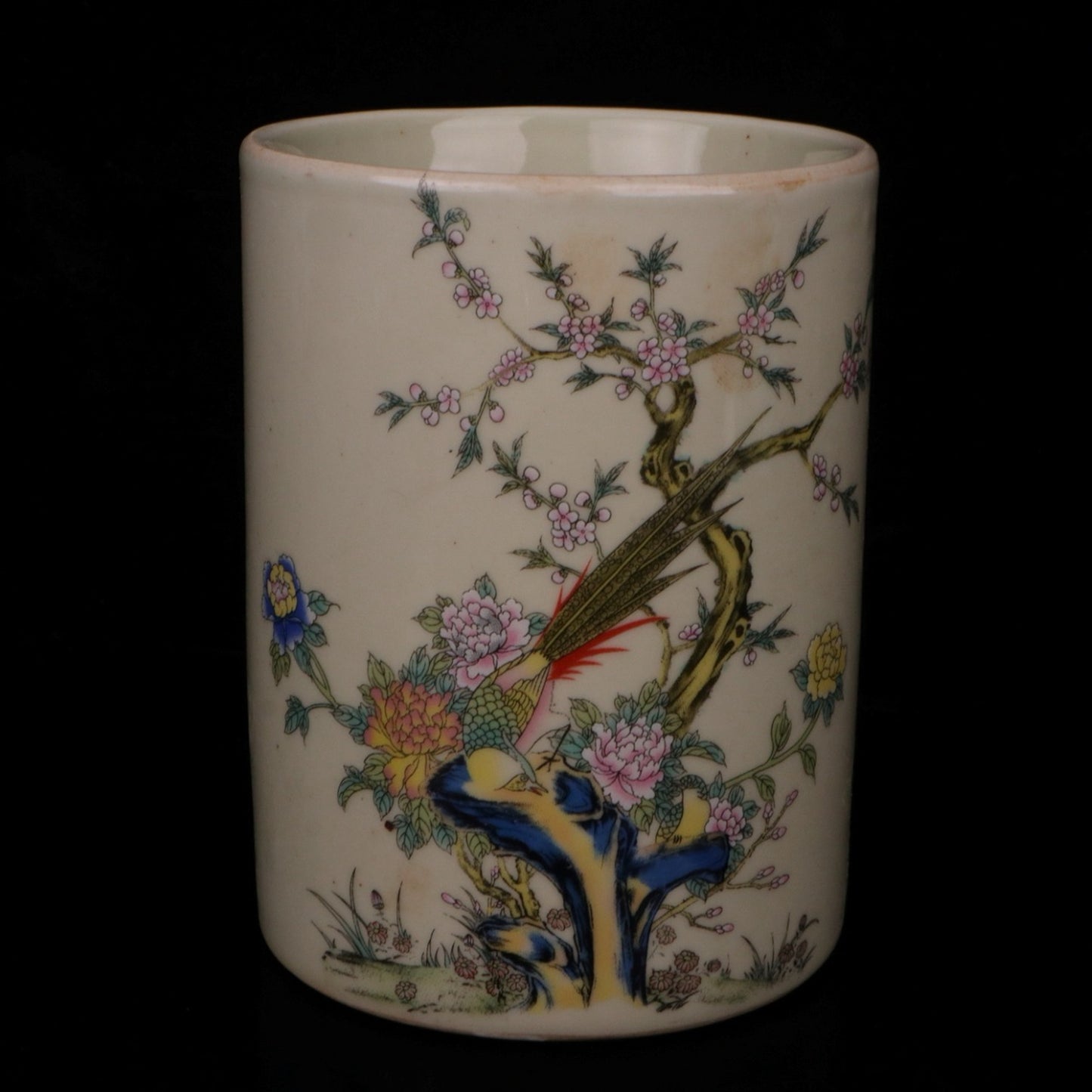 Pink flower and bird pattern pen holder