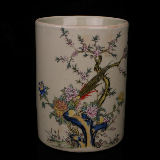 Pink flower and bird pattern pen holder
