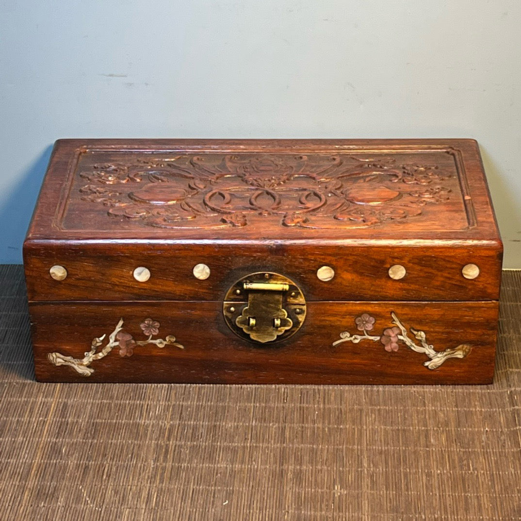 Ancient Chinese rosewood inlaid shell carving storage box, jewelry box