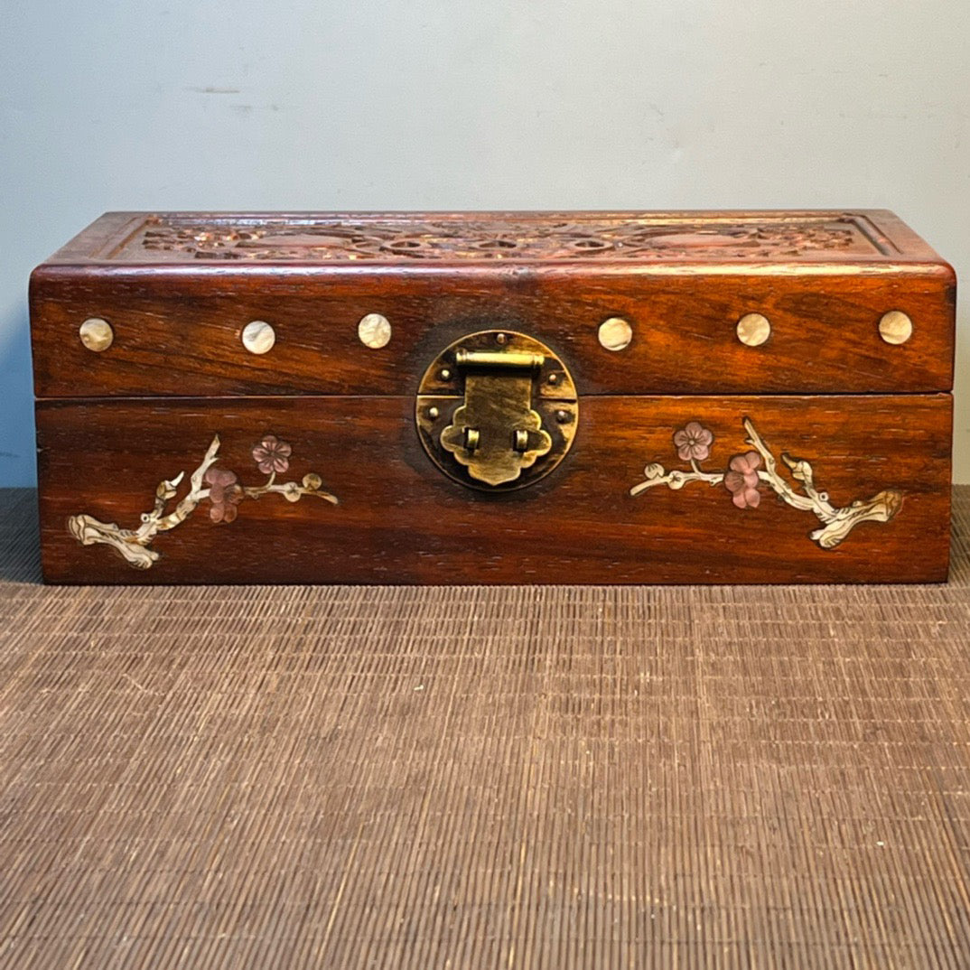 Ancient Chinese rosewood inlaid shell carving storage box, jewelry box