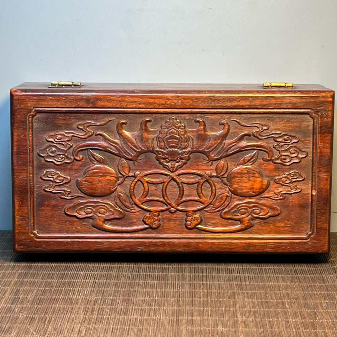 Ancient Chinese rosewood inlaid shell carving storage box, jewelry box
