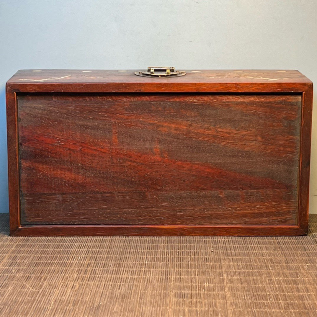 Ancient Chinese rosewood inlaid shell carving storage box, jewelry box