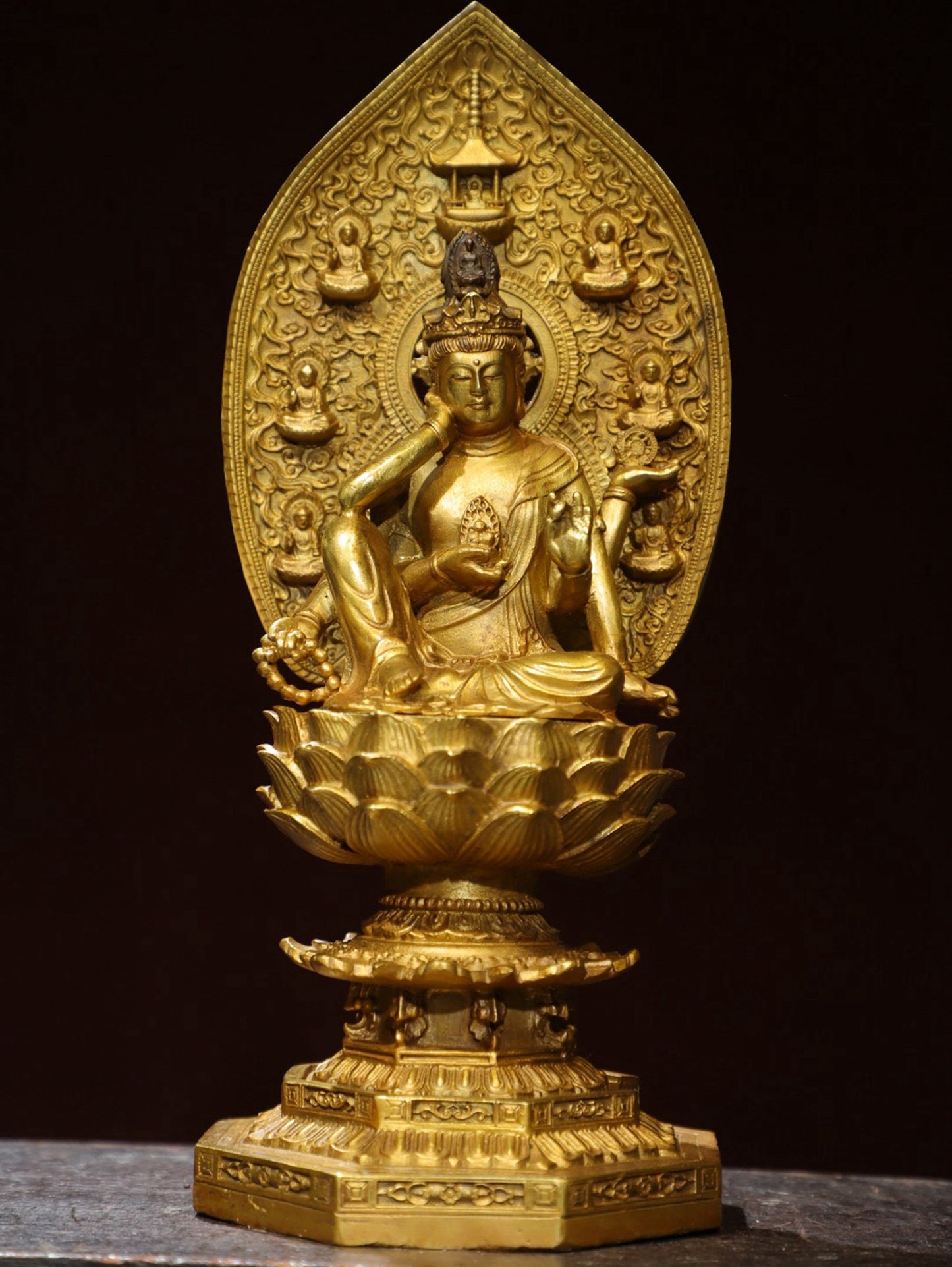 Bronze gilded statue of Guanyin with six arms, Buddha statue