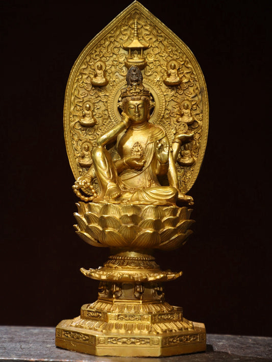 Bronze gilded statue of Guanyin with six arms, Buddha statue