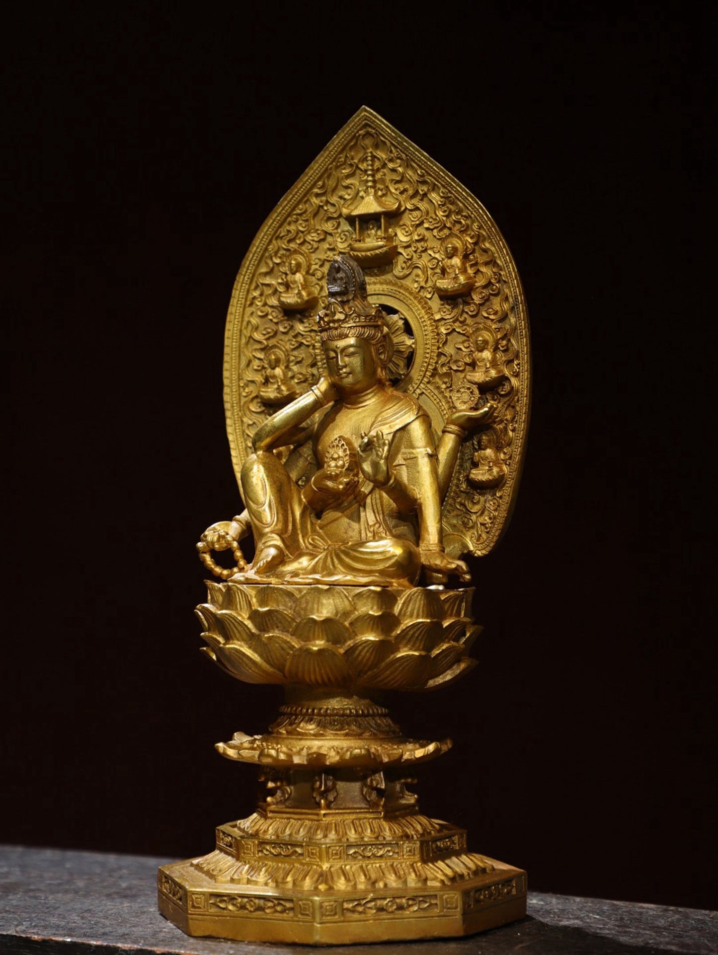 Bronze gilded statue of Guanyin with six arms, Buddha statue
