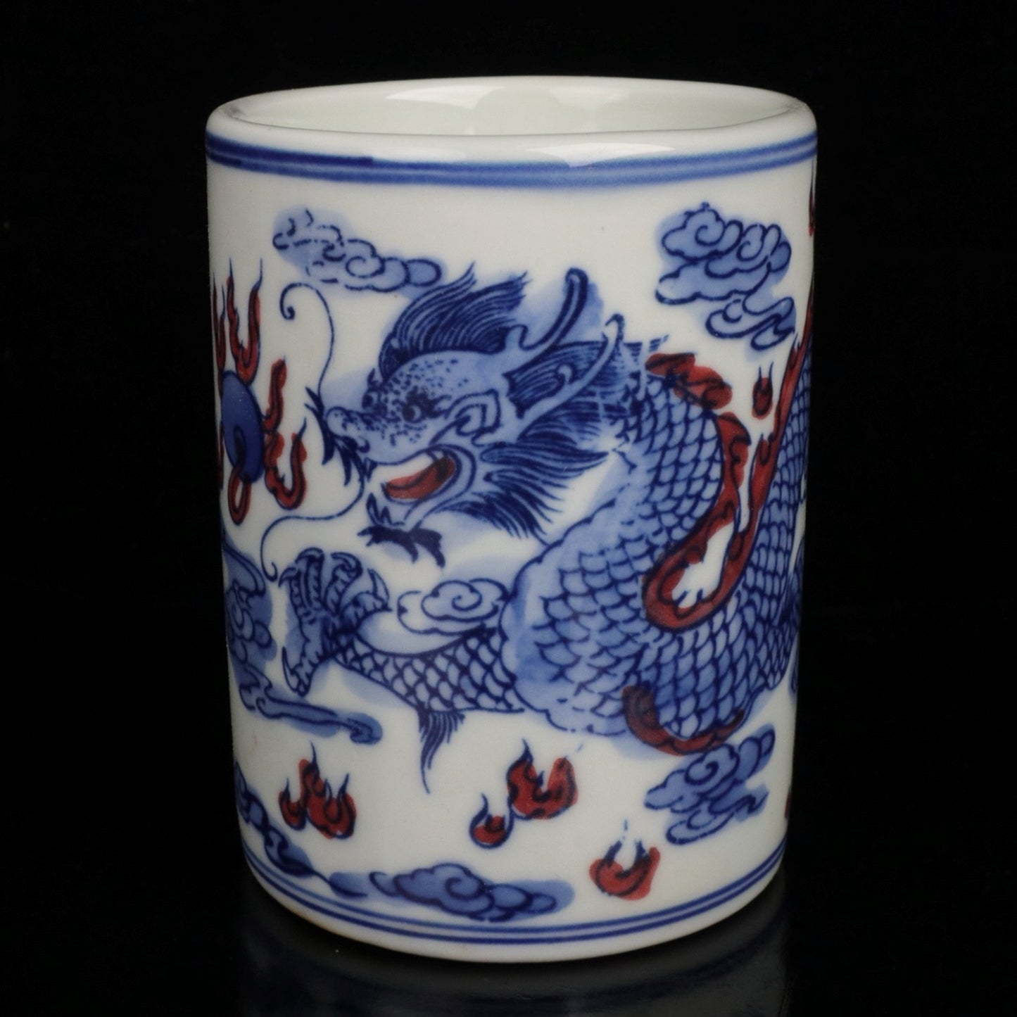 Blue and white glazed red cloud dragon patterned small pen holder