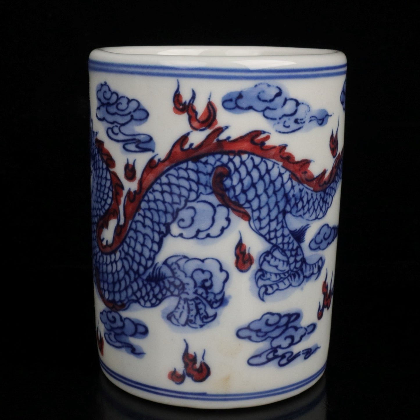 Blue and white glazed red cloud dragon patterned small pen holder