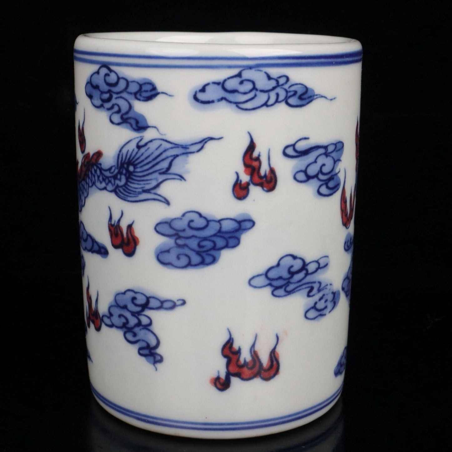 Blue and white glazed red cloud dragon patterned small pen holder