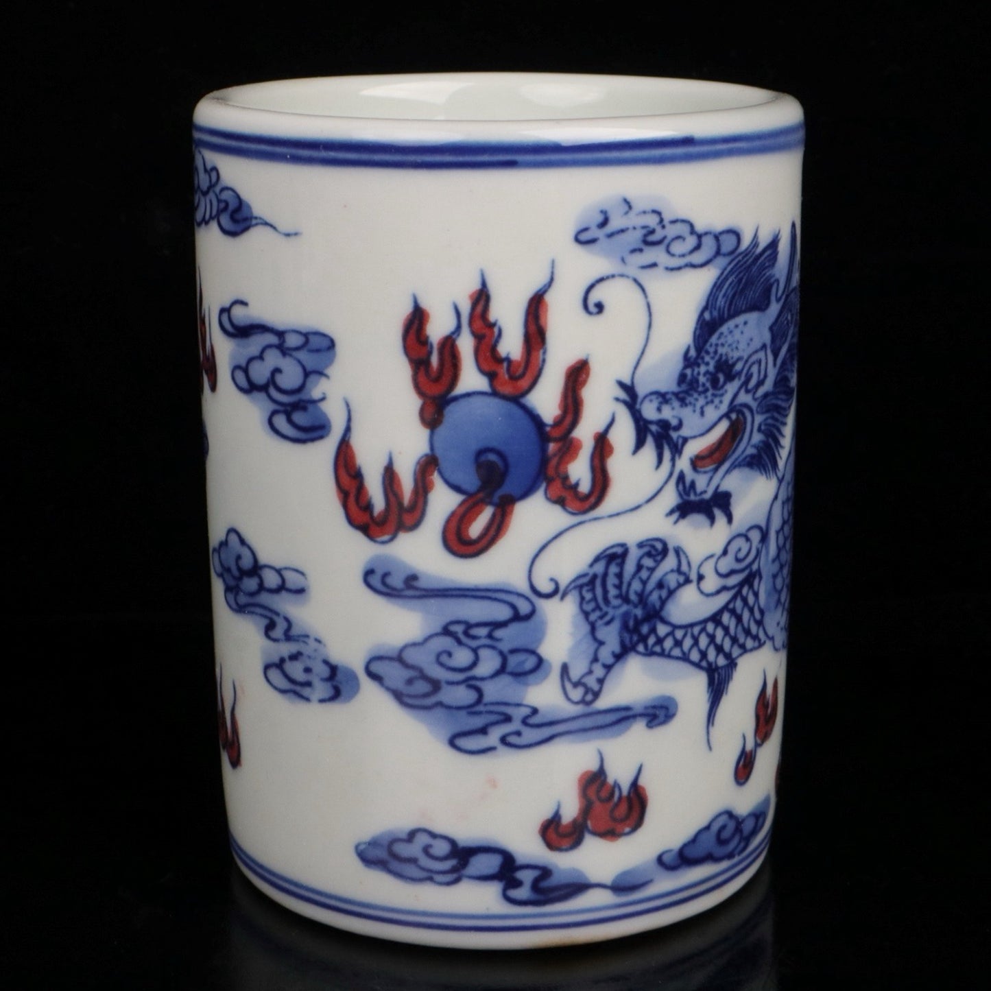 Blue and white glazed red cloud dragon patterned small pen holder