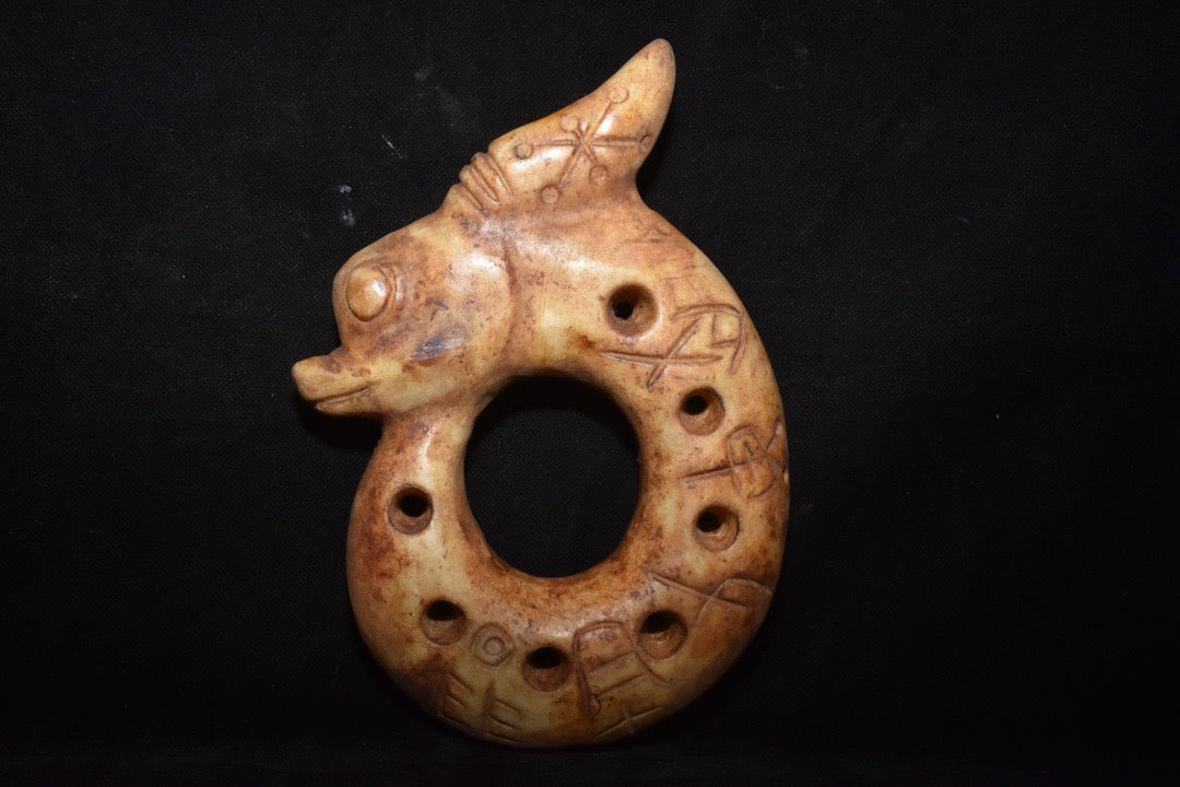 Chinese Antique Laohe Grinding Jade Hollow Pig Dragon