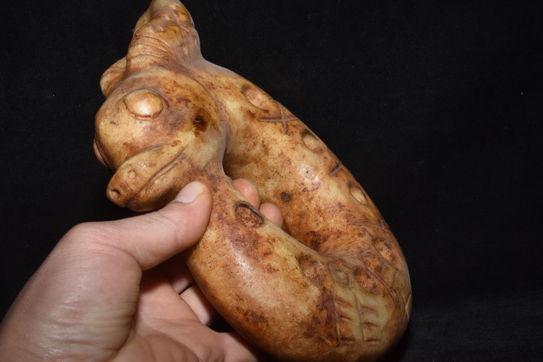 Chinese Antique Laohe Grinding Jade Hollow Pig Dragon