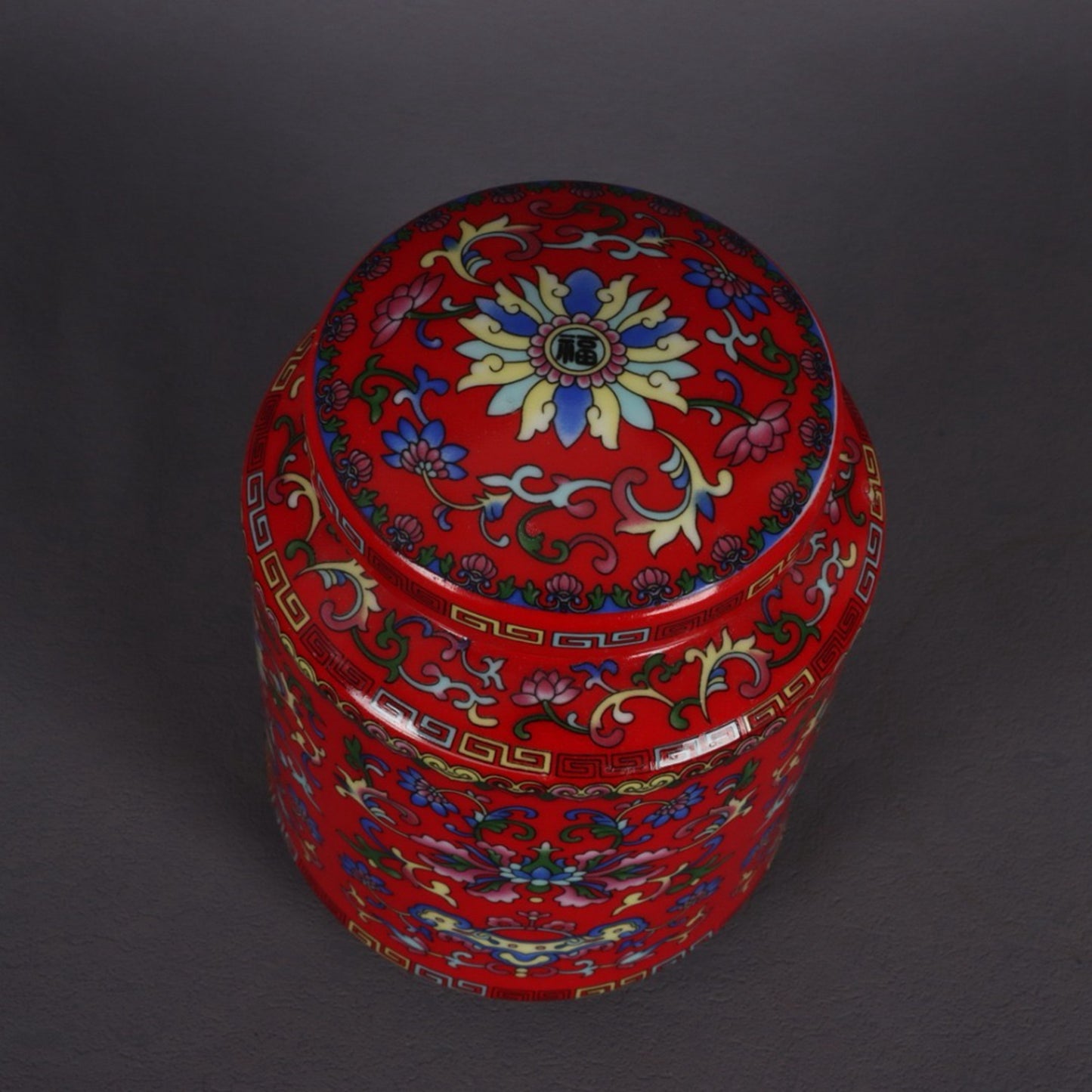 Red glazed enamel colored flower pattern tea tube