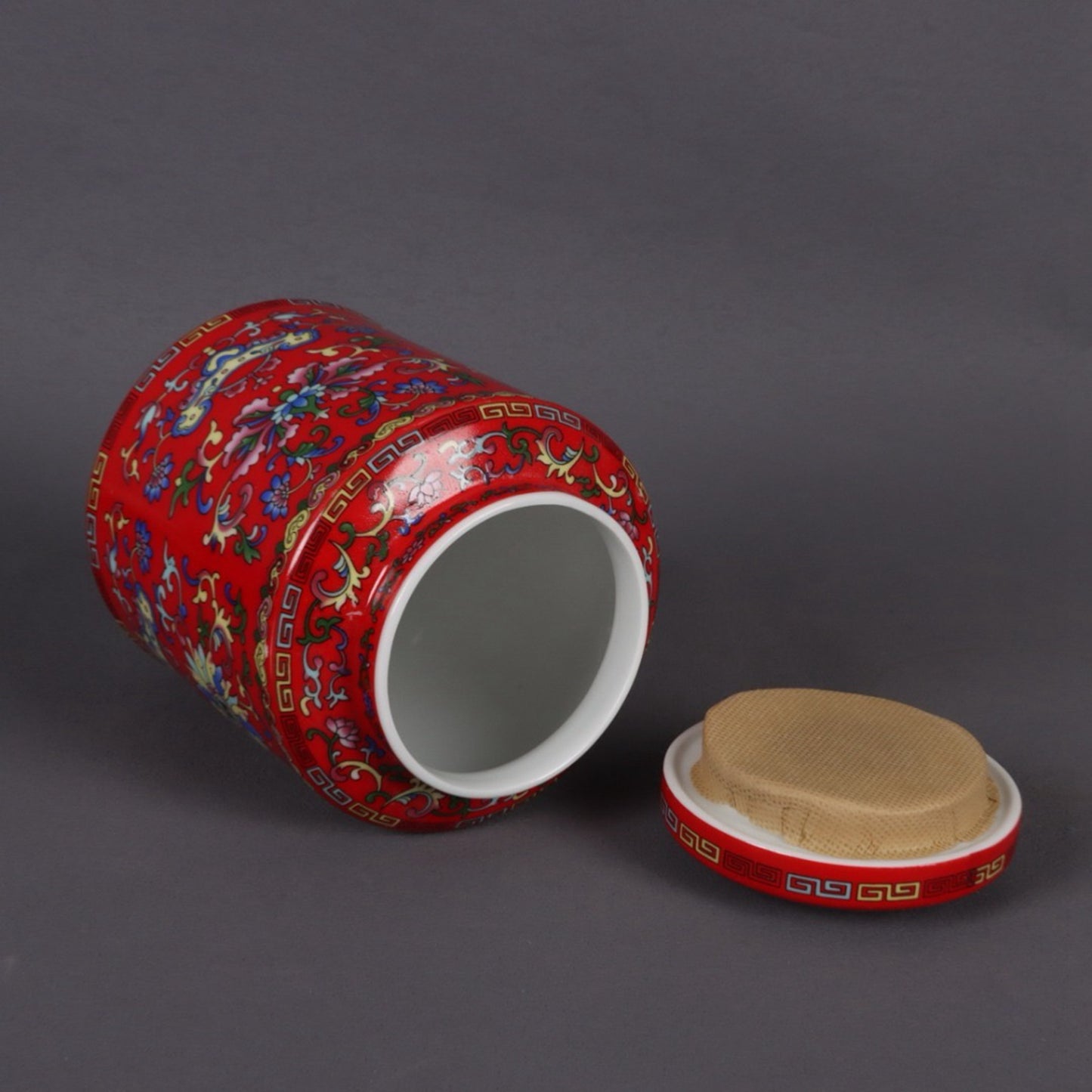 Red glazed enamel colored flower pattern tea tube