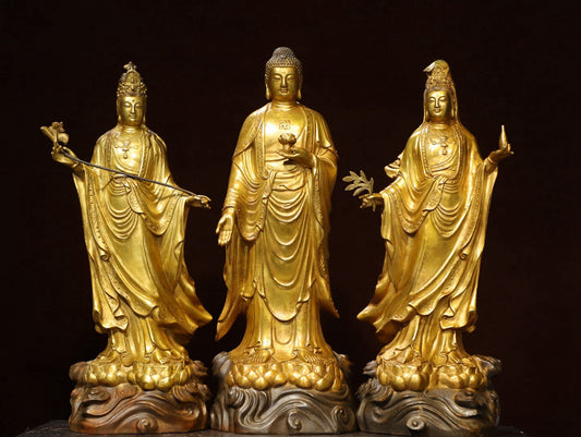 A set of bronze gilded Buddha statues of the Three Saints of the West