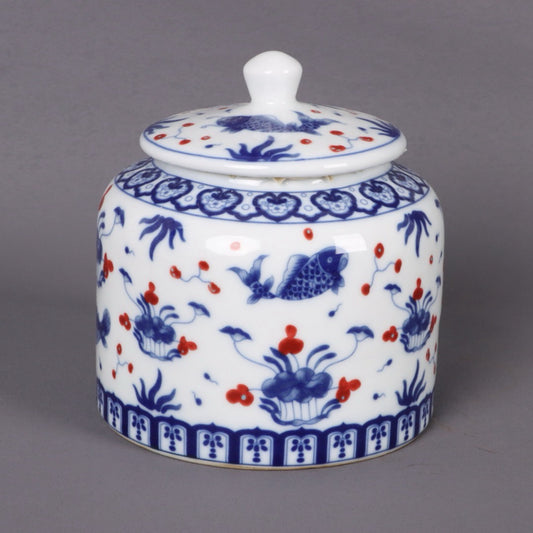 Blue and white glazed red fish algae patterned tea jar