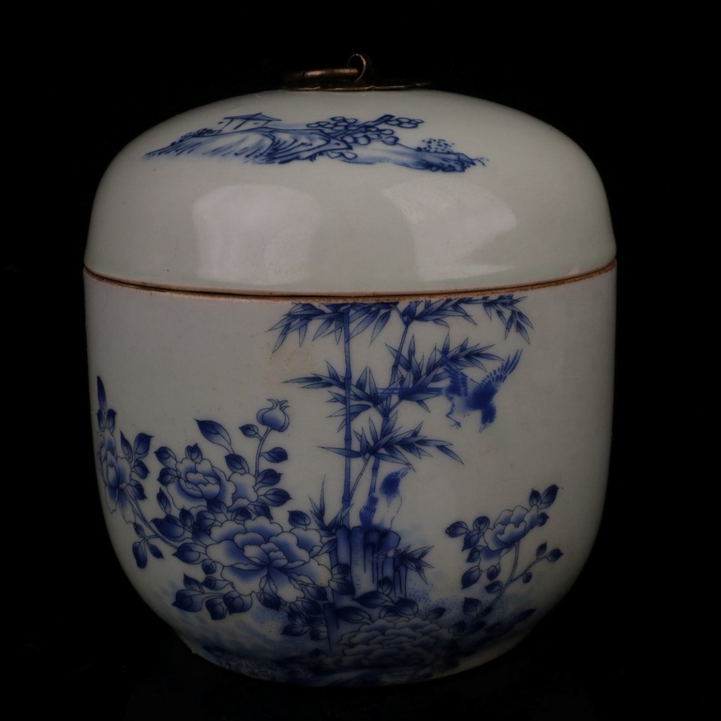 Blue and white, emerald bamboo, flower and bird patterned small ginseng jar