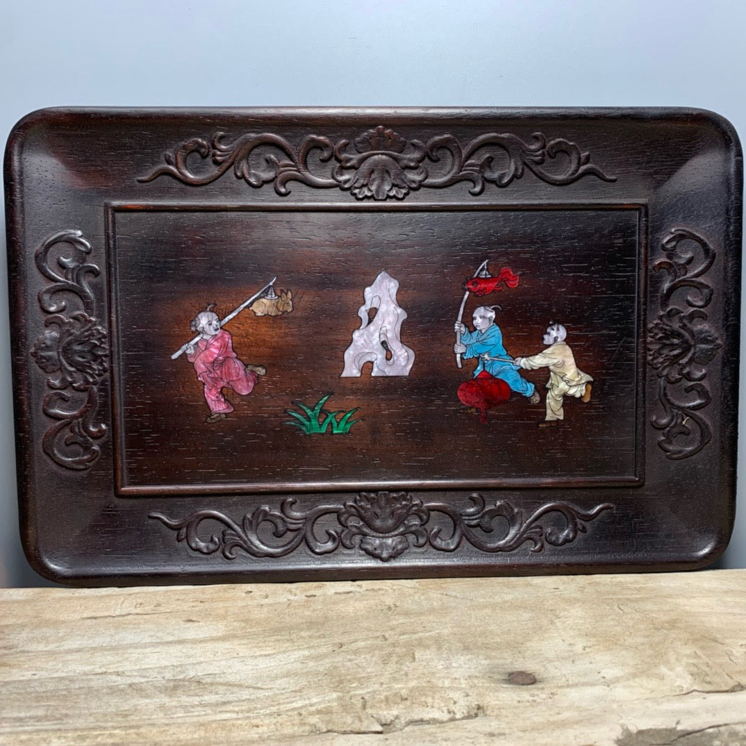 Chinese antique sandalwood inlaid shell plate