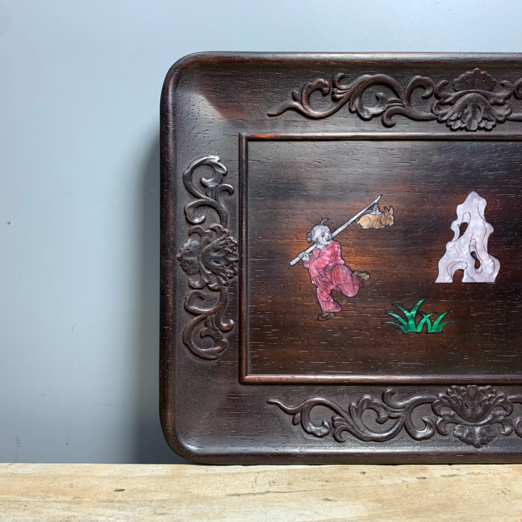 Chinese antique sandalwood inlaid shell plate