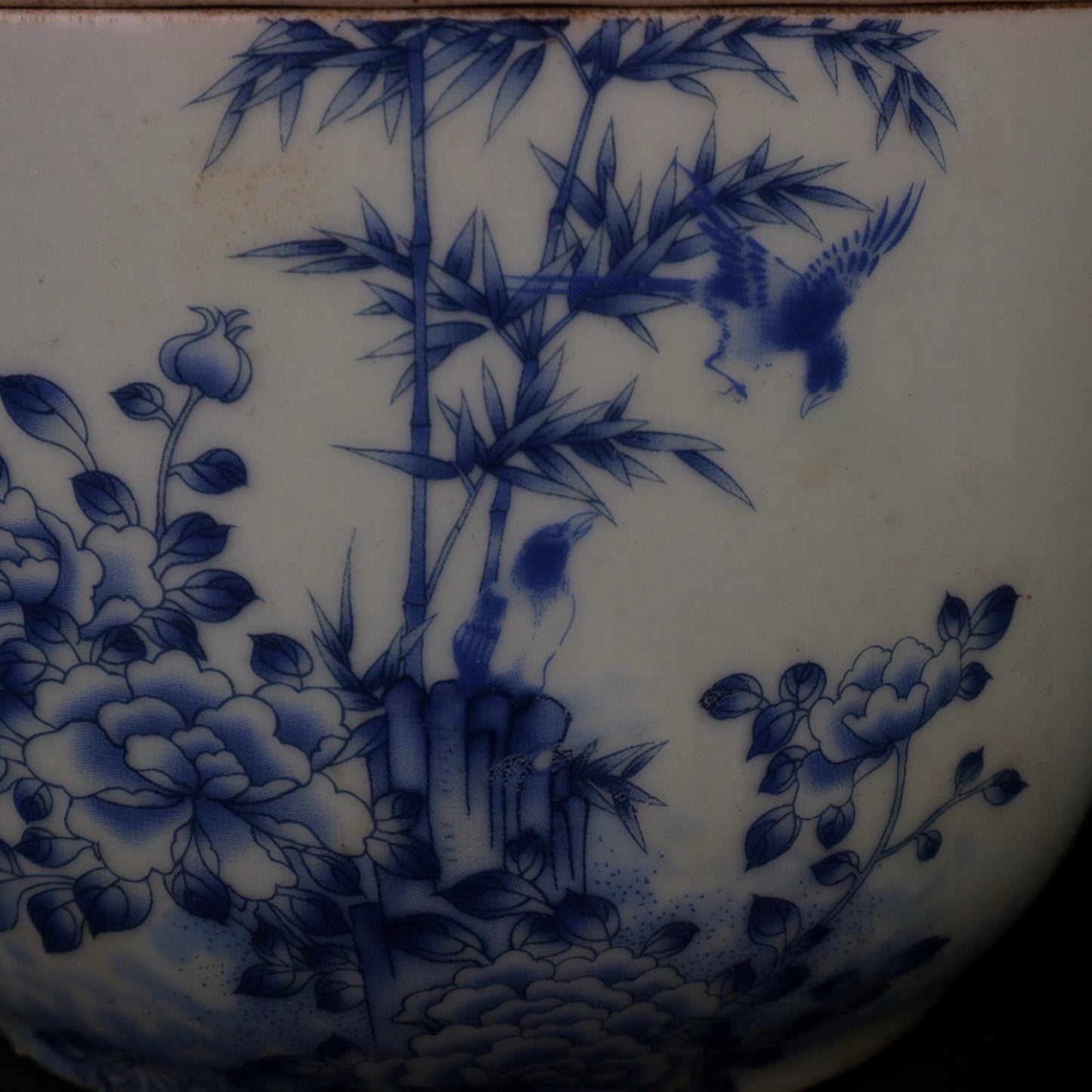 Blue and white, emerald bamboo, flower and bird patterned small ginseng jar