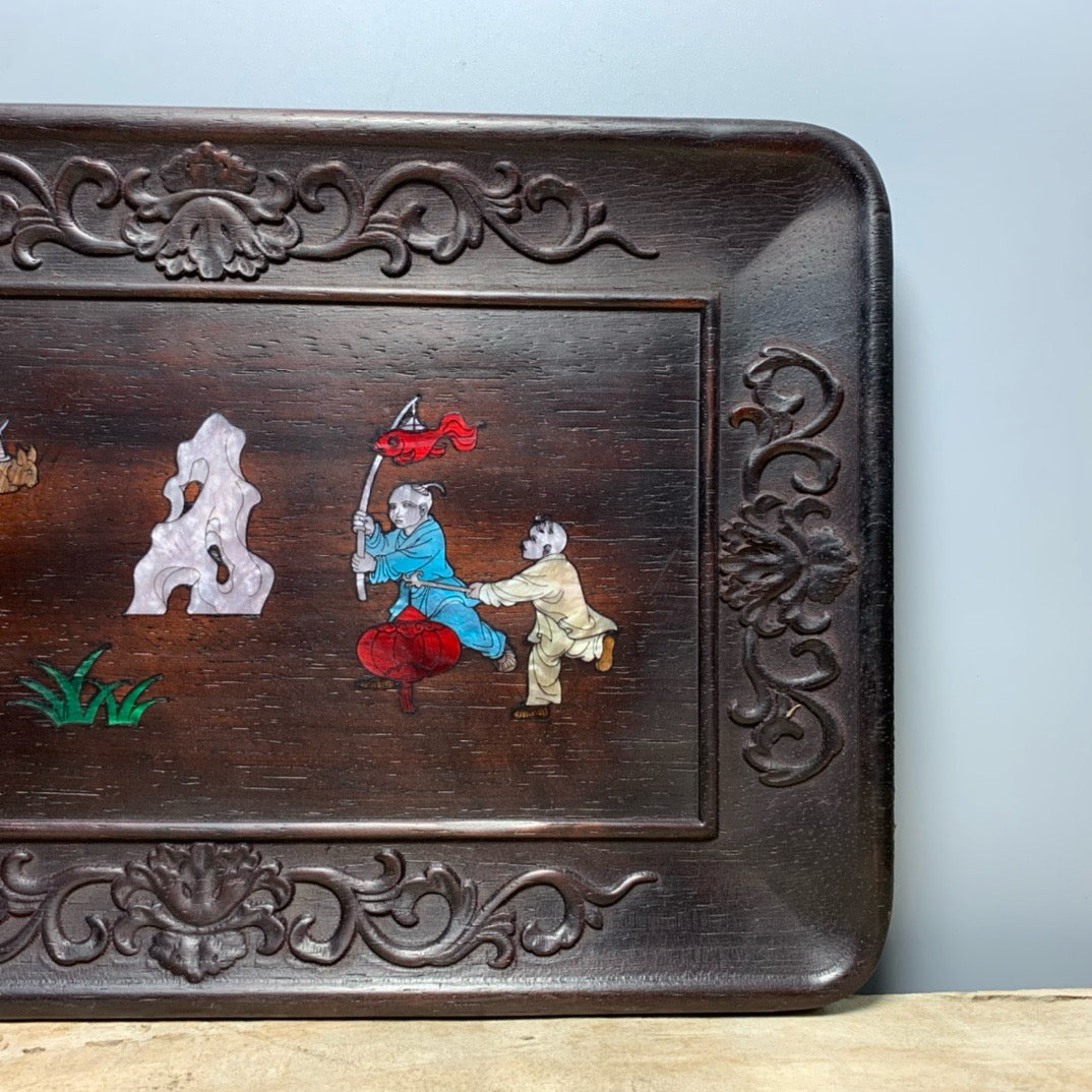 Chinese antique sandalwood inlaid shell plate