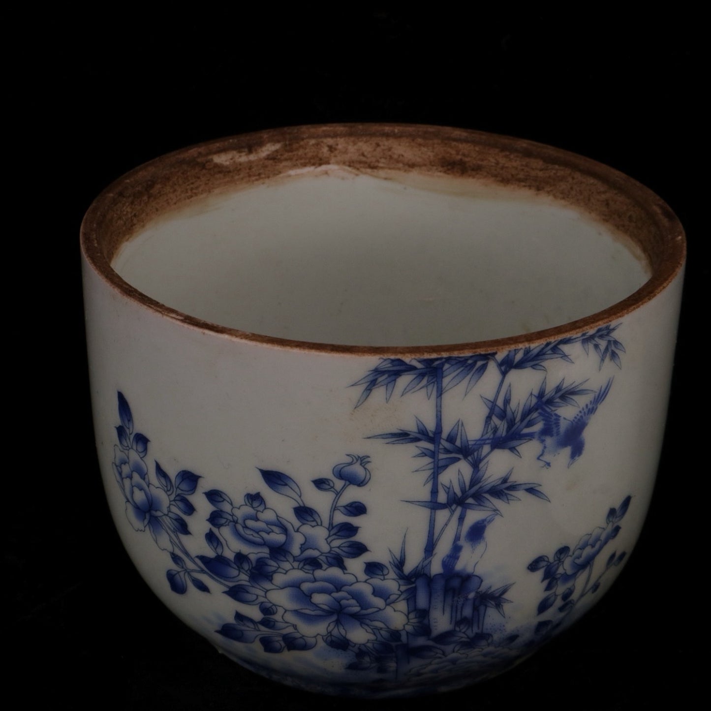 Blue and white, emerald bamboo, flower and bird patterned small ginseng jar