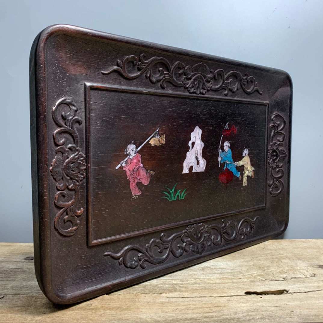 Chinese antique sandalwood inlaid shell plate