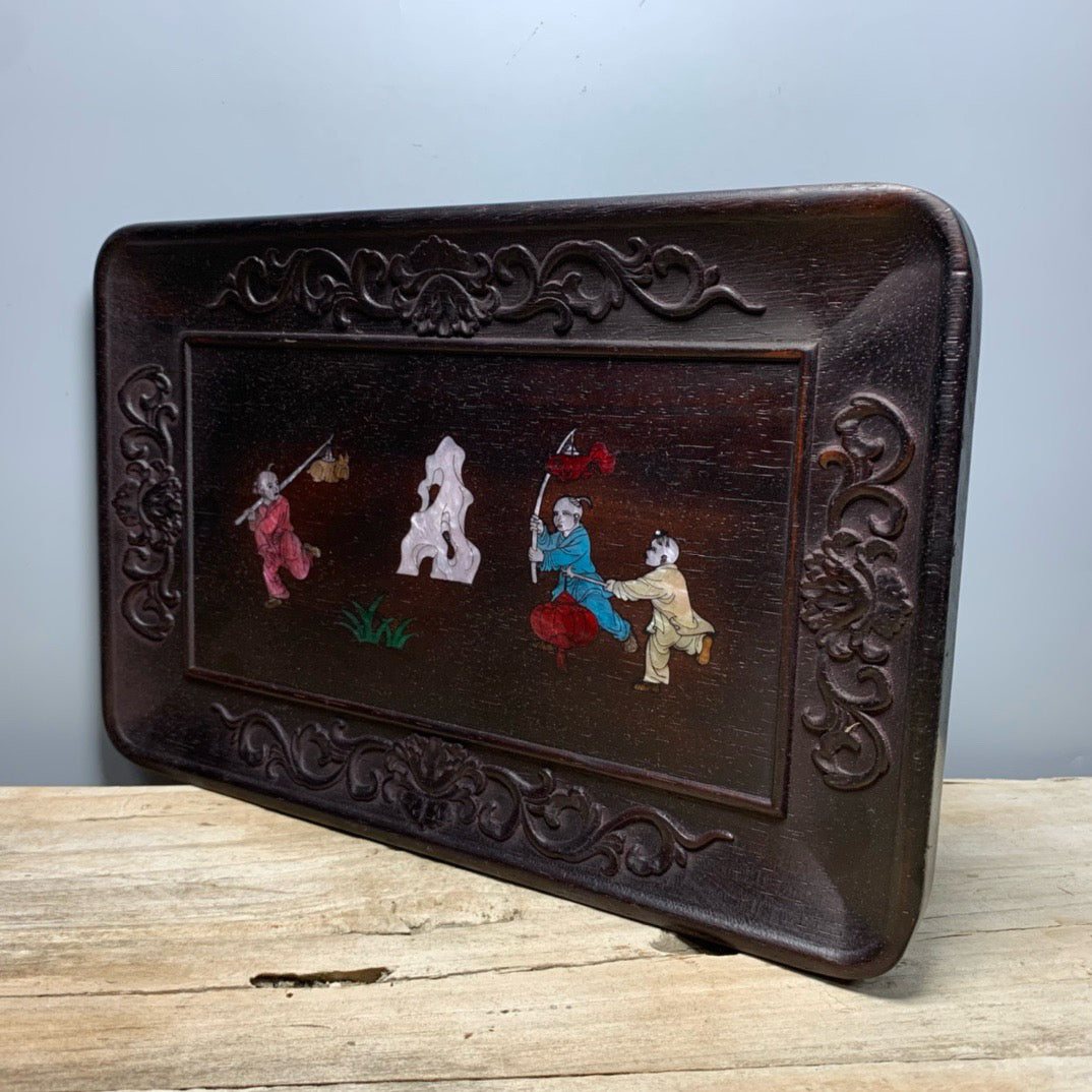 Chinese antique sandalwood inlaid shell plate