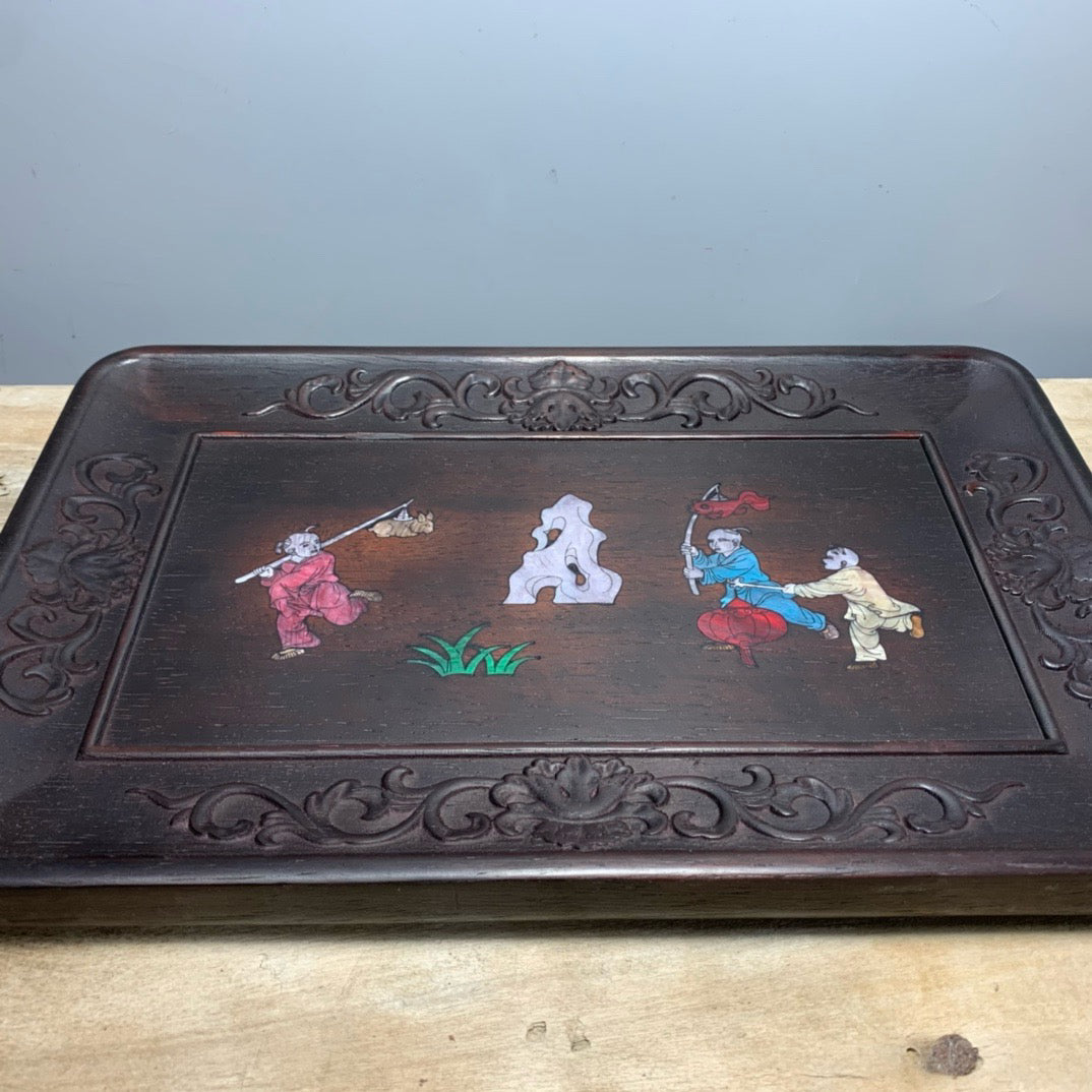 Chinese antique sandalwood inlaid shell plate