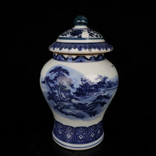 Blue and white landscape general jar