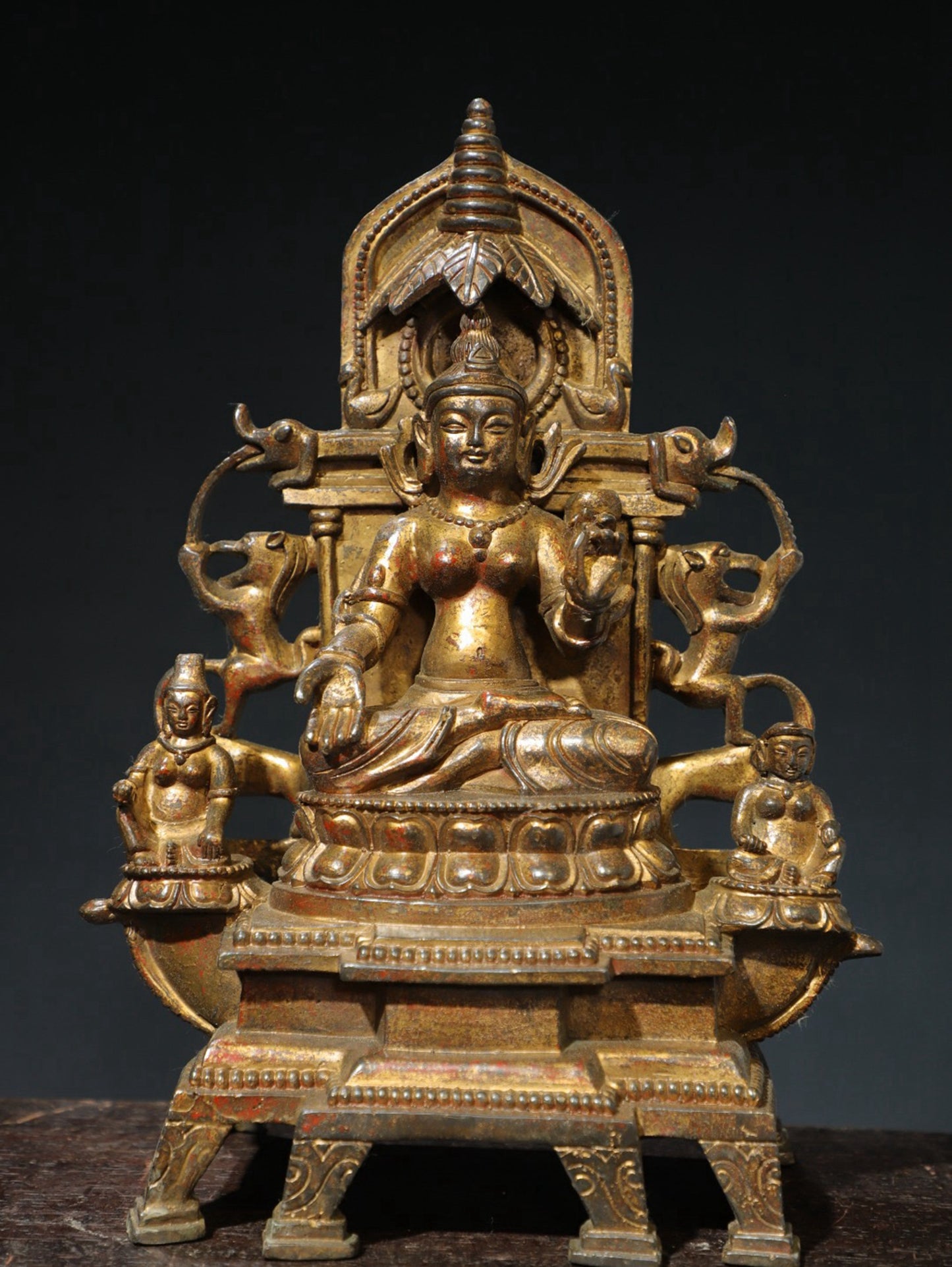 Bronze mud and gold Buddha statue with one Buddha and two disciples