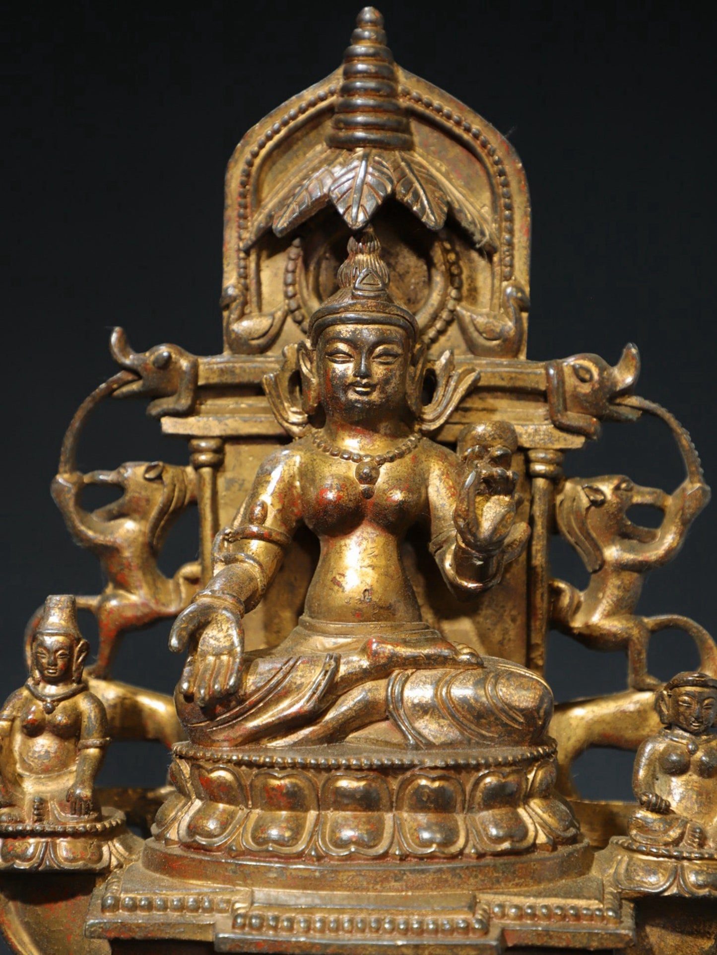 Bronze mud and gold Buddha statue with one Buddha and two disciples