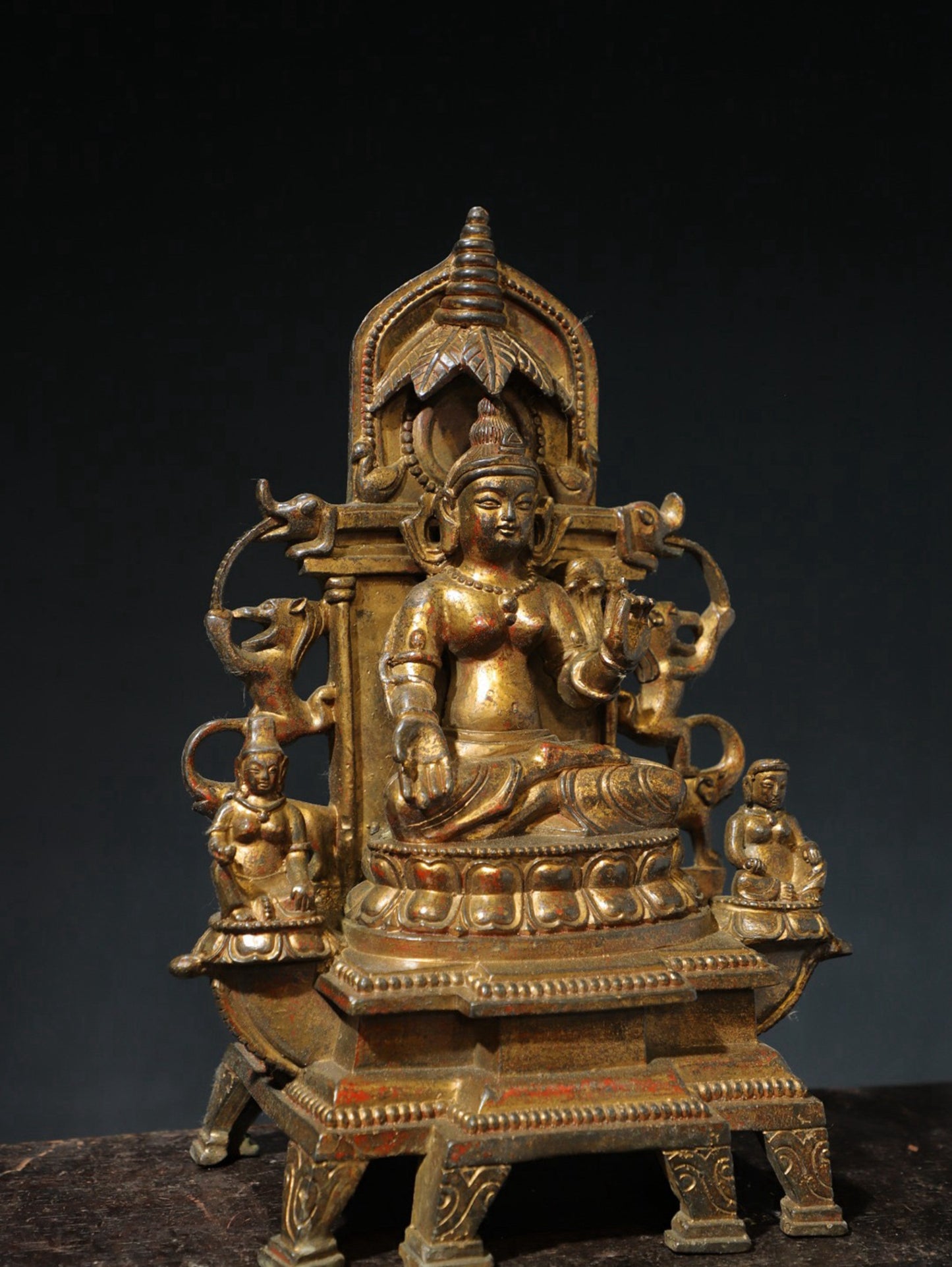 Bronze mud and gold Buddha statue with one Buddha and two disciples