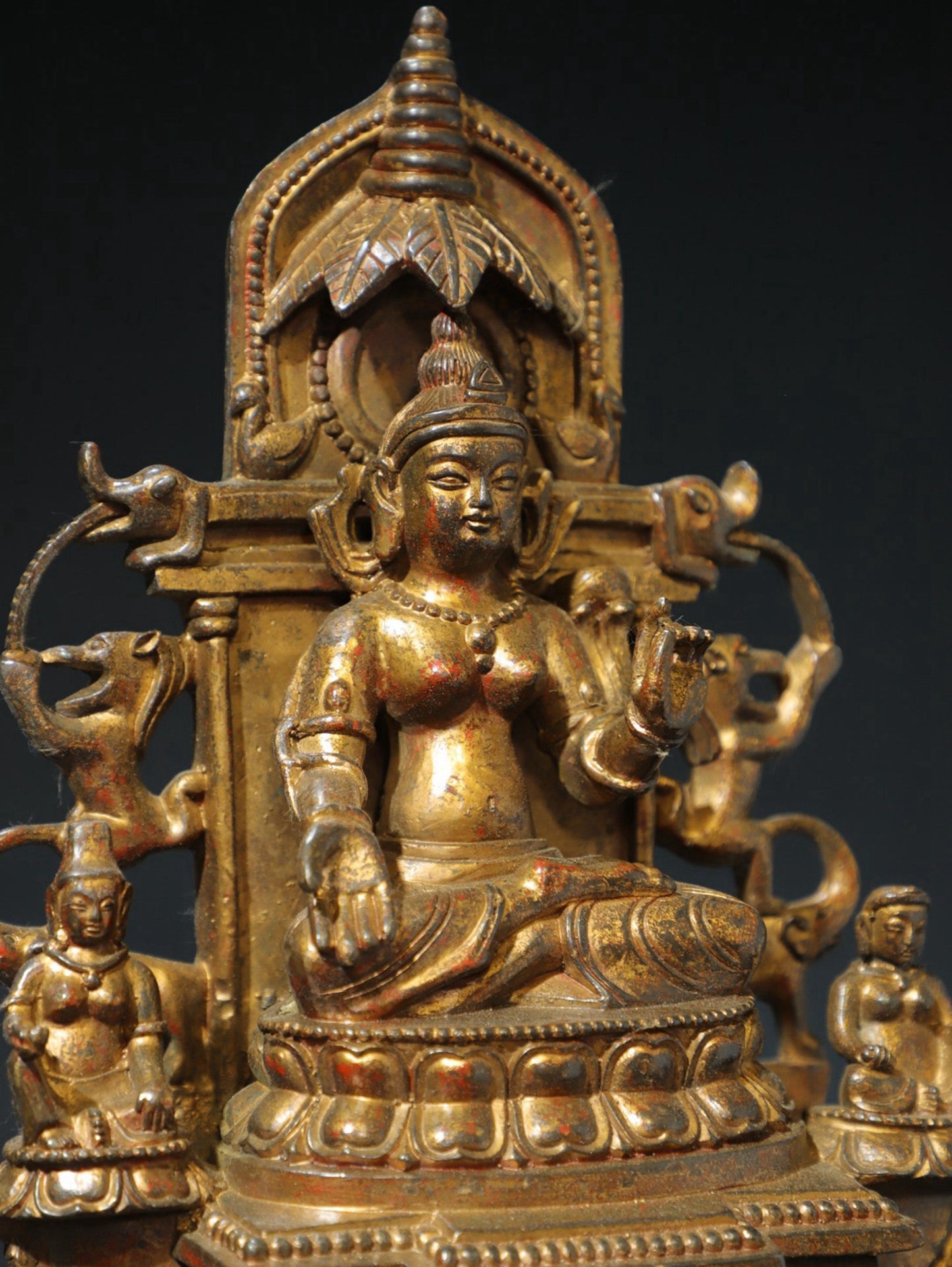 Bronze mud and gold Buddha statue with one Buddha and two disciples