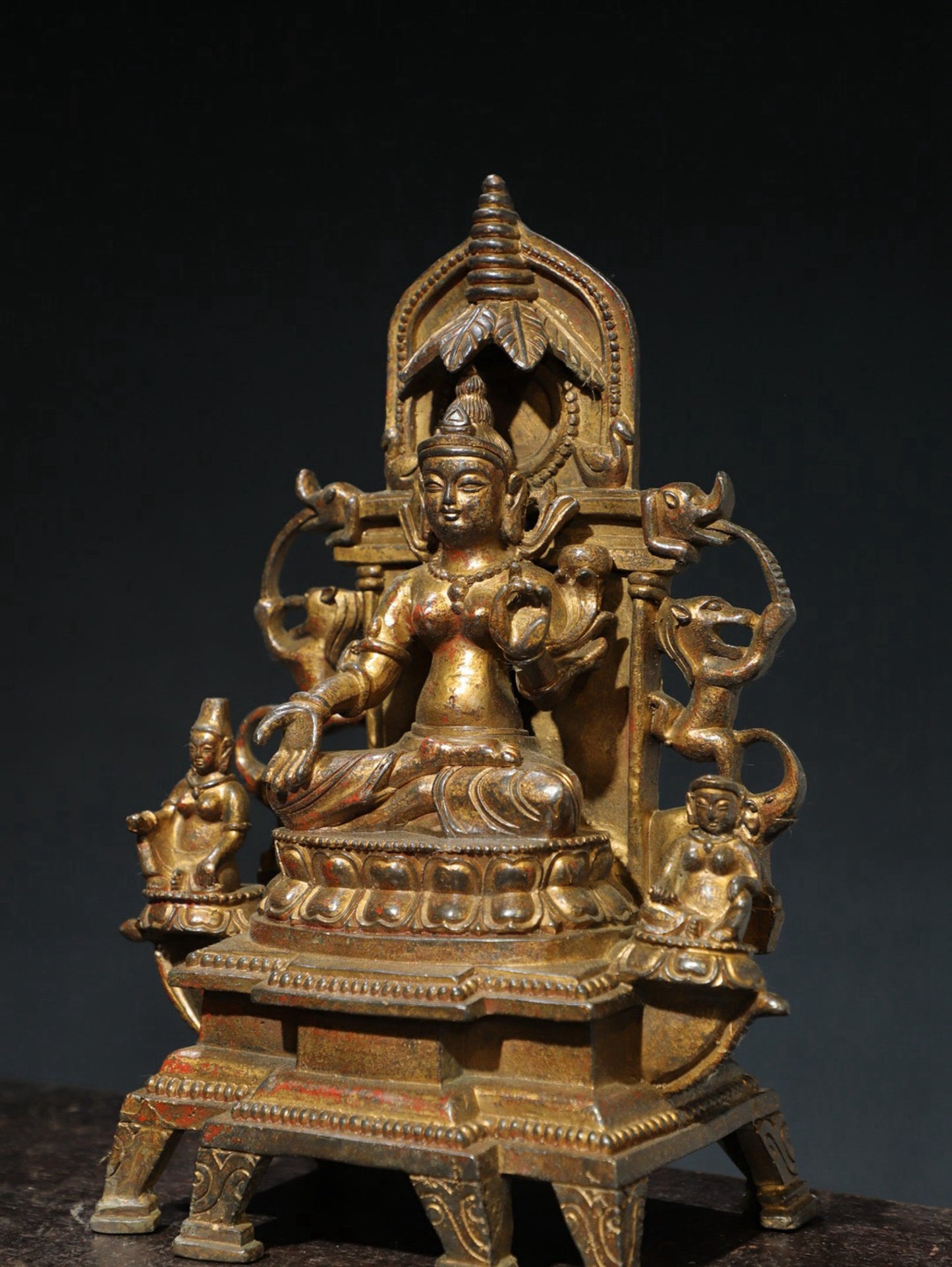 Bronze mud and gold Buddha statue with one Buddha and two disciples