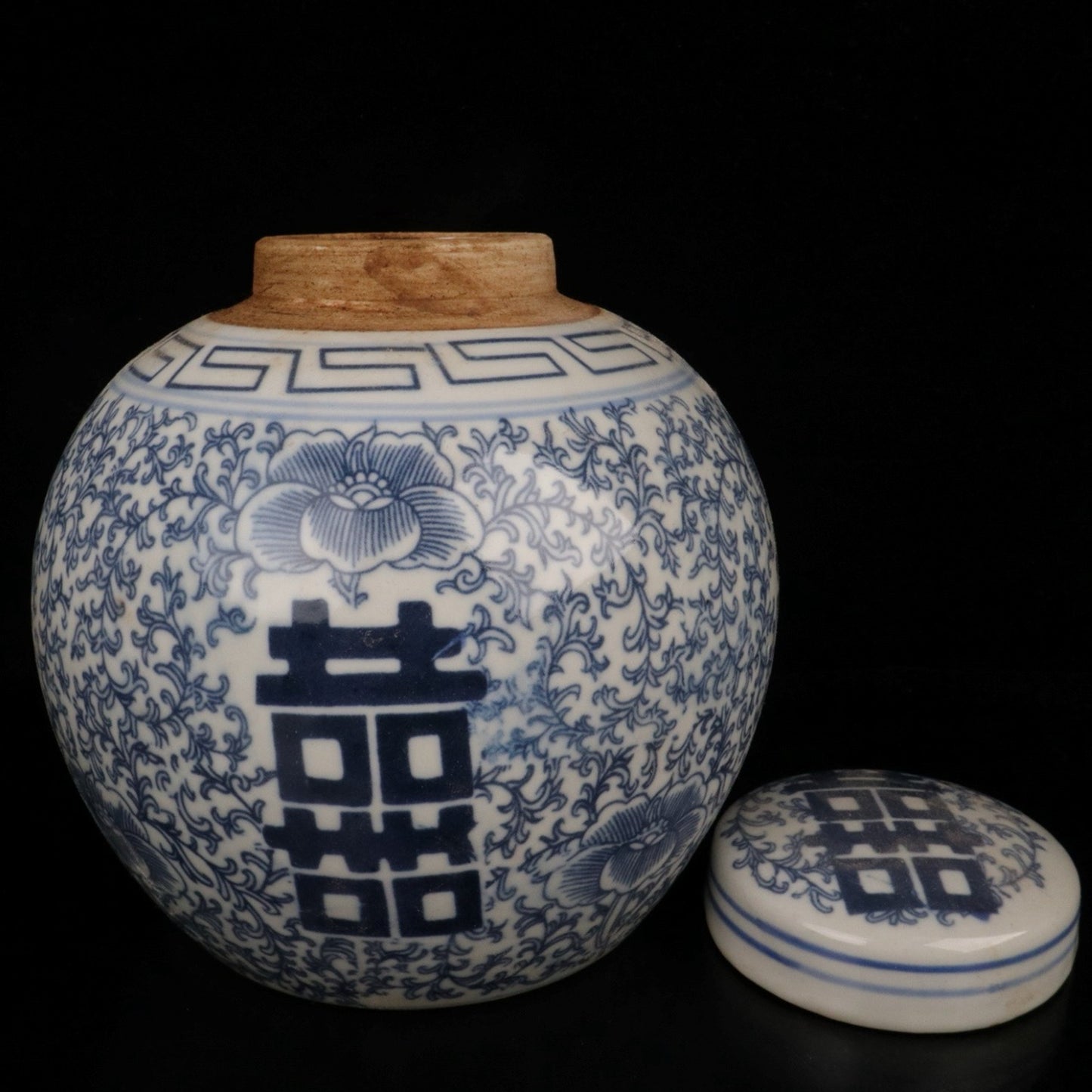 Blue and white auspicious characters, floral patterns, and precious pearl altar