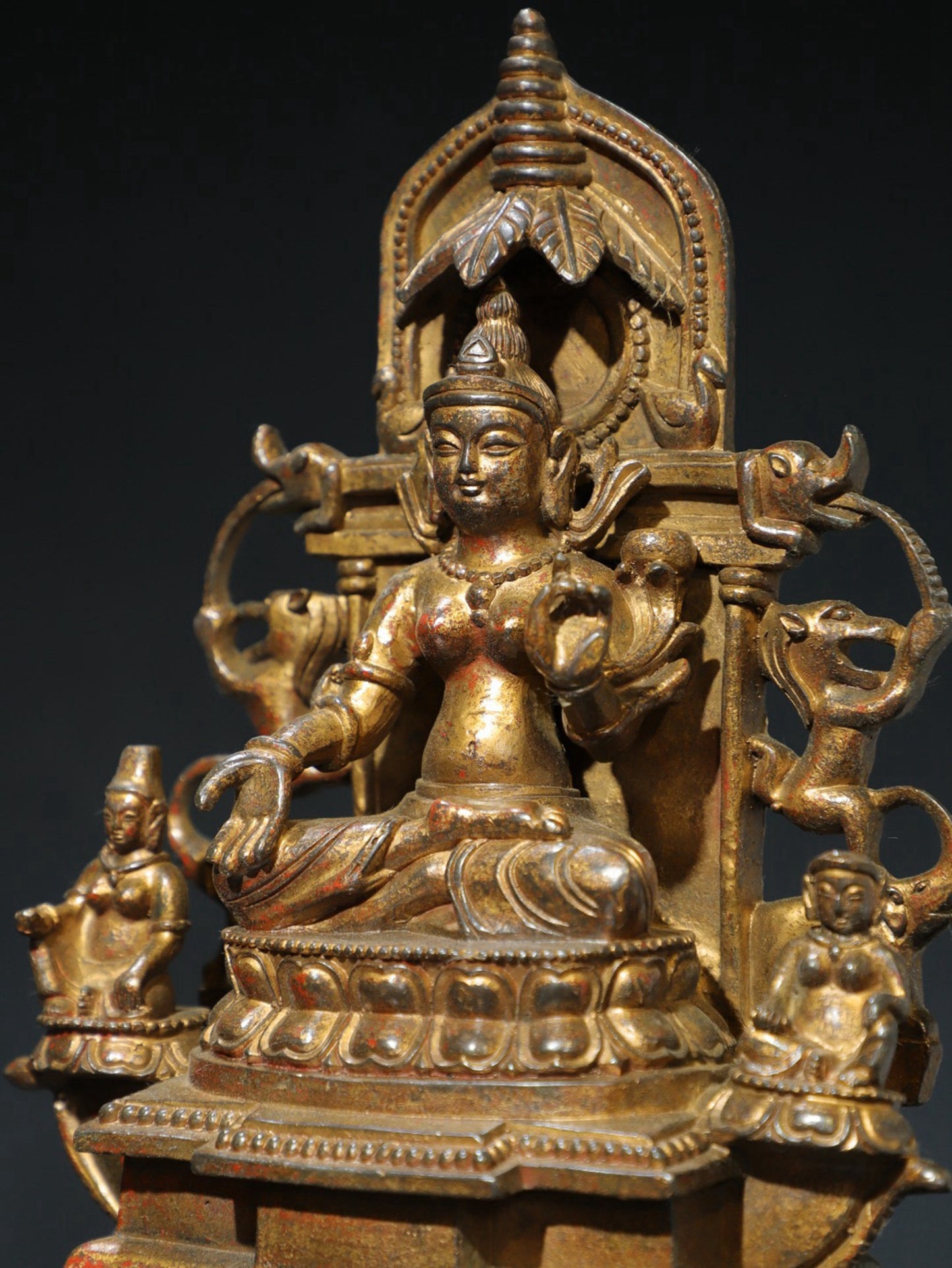 Bronze mud and gold Buddha statue with one Buddha and two disciples