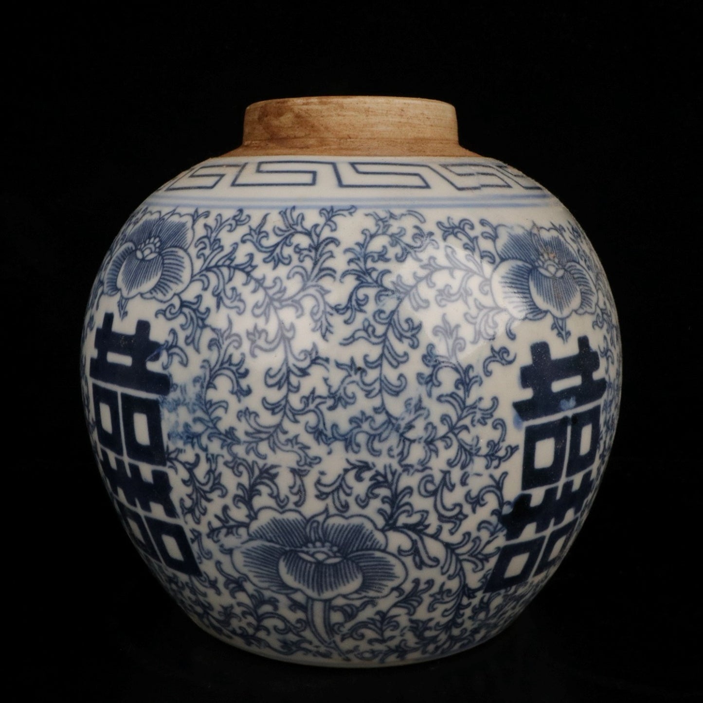 Blue and white auspicious characters, floral patterns, and precious pearl altar