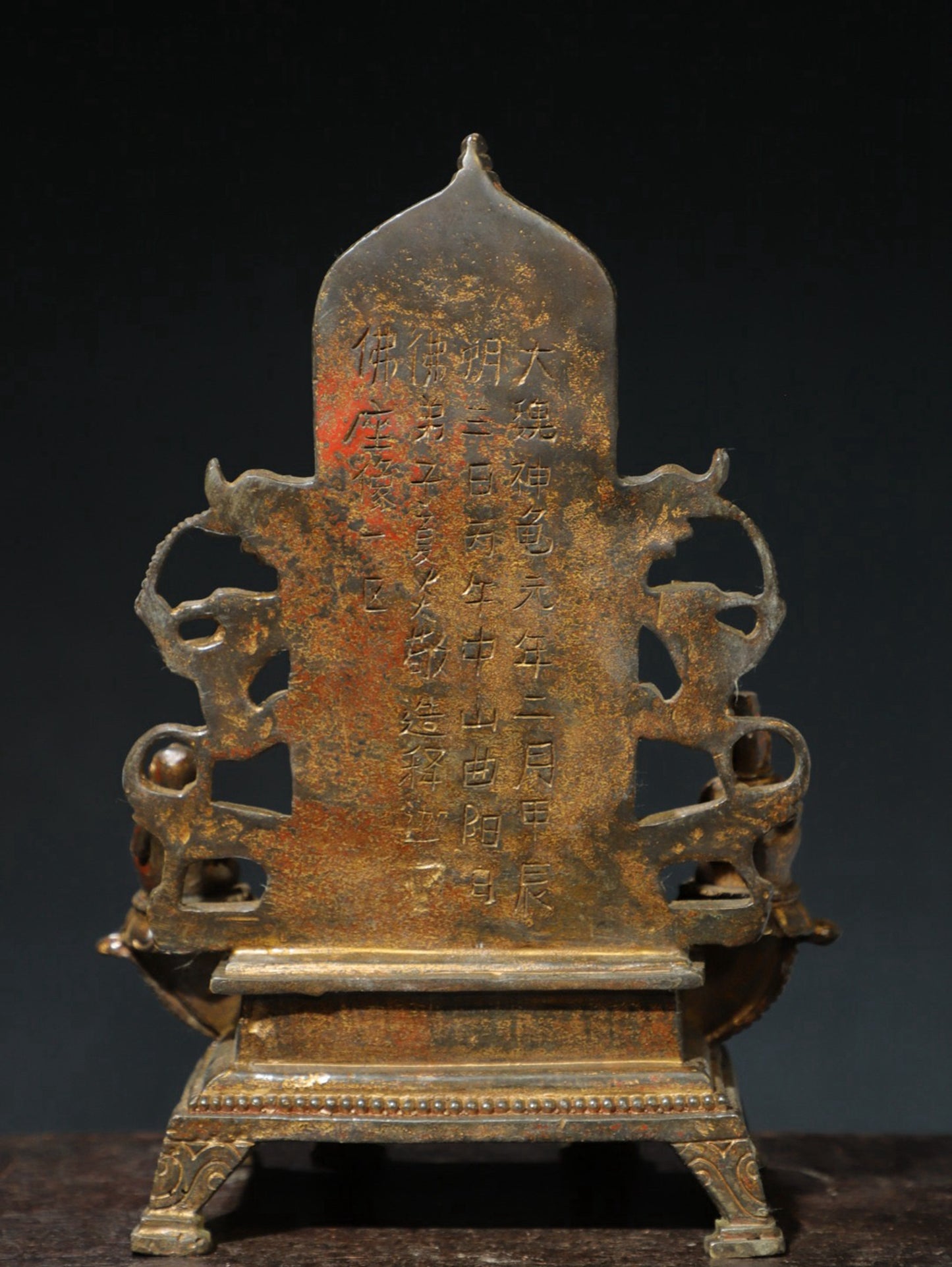 Bronze mud and gold Buddha statue with one Buddha and two disciples
