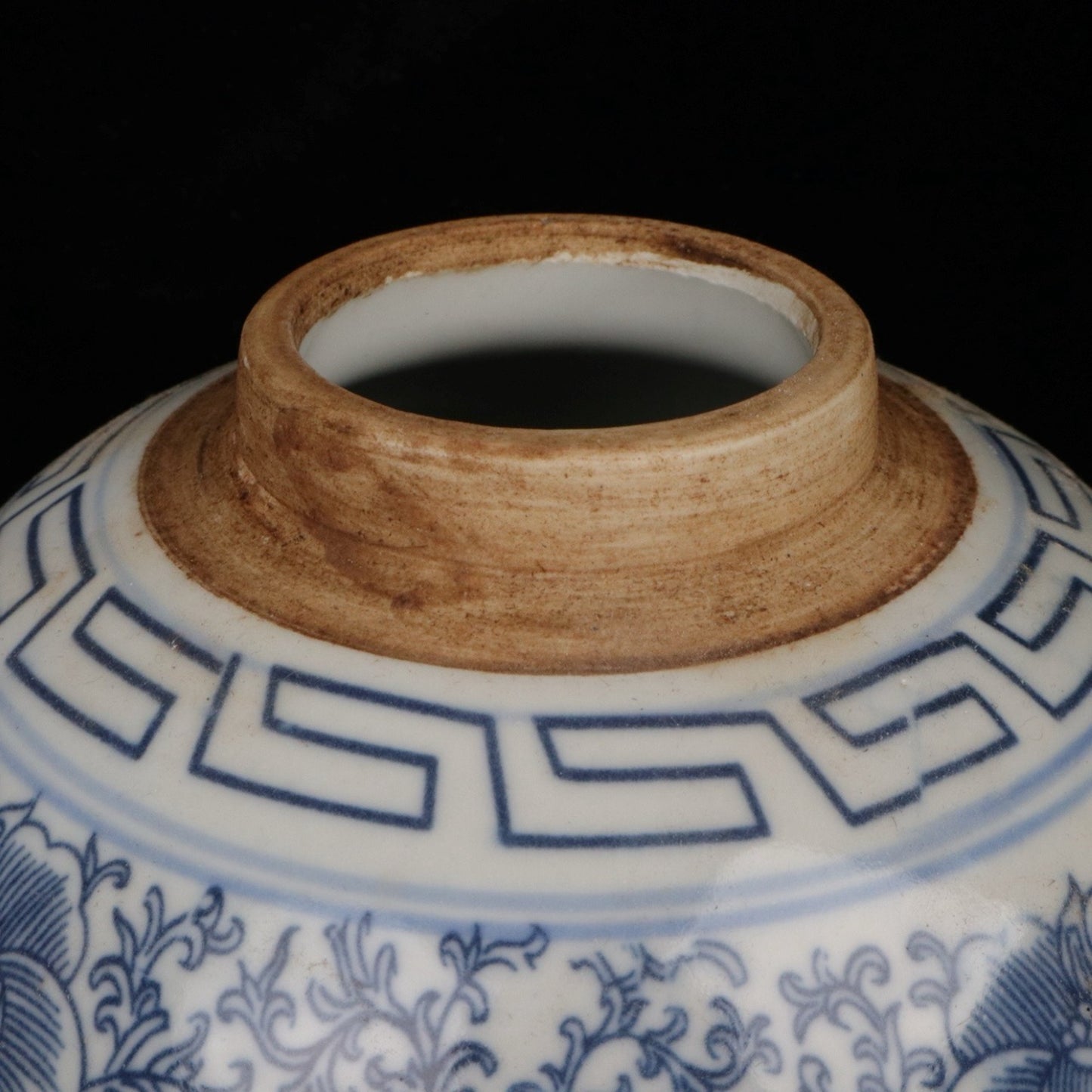 Blue and white auspicious characters, floral patterns, and precious pearl altar