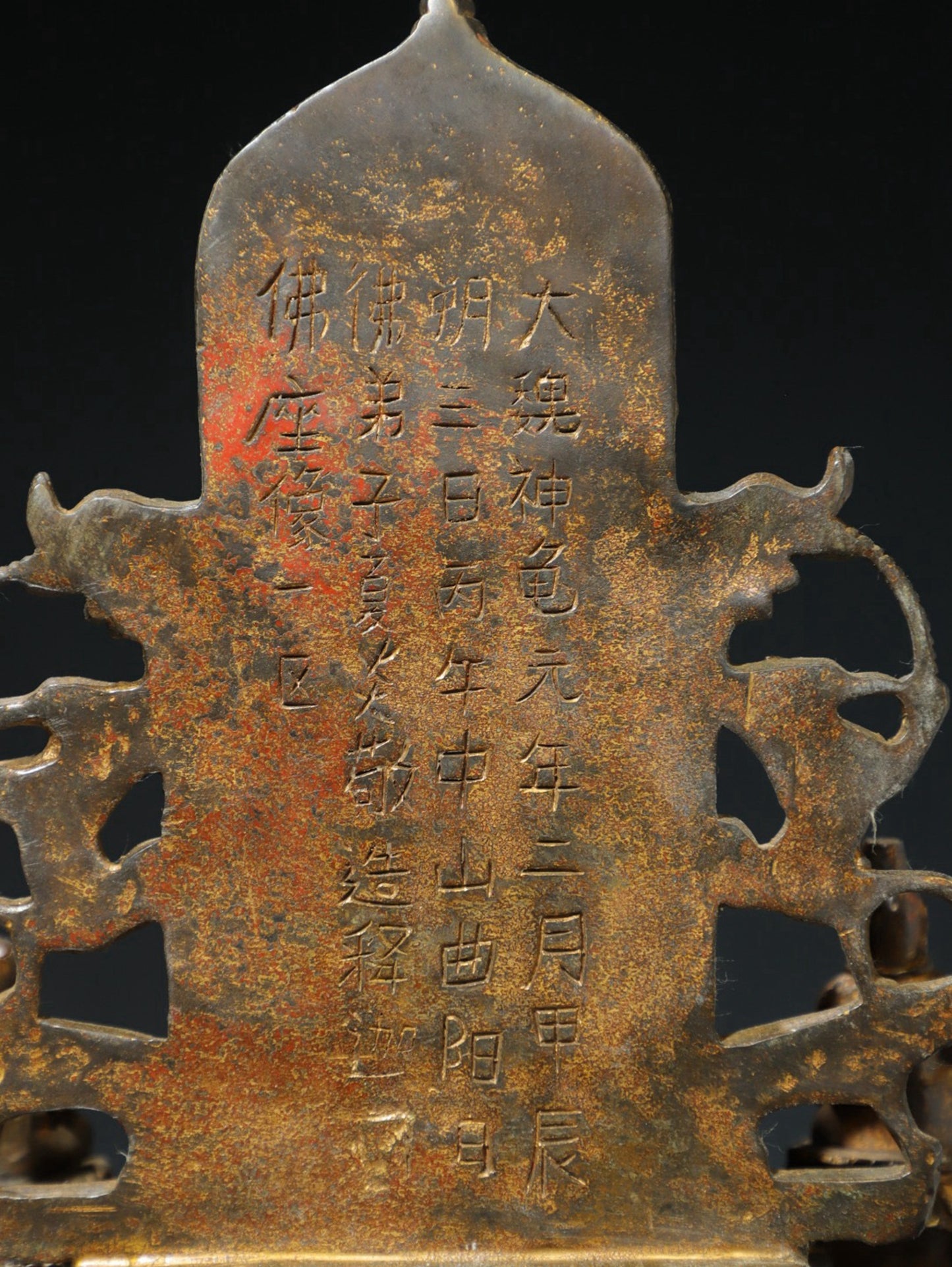 Bronze mud and gold Buddha statue with one Buddha and two disciples