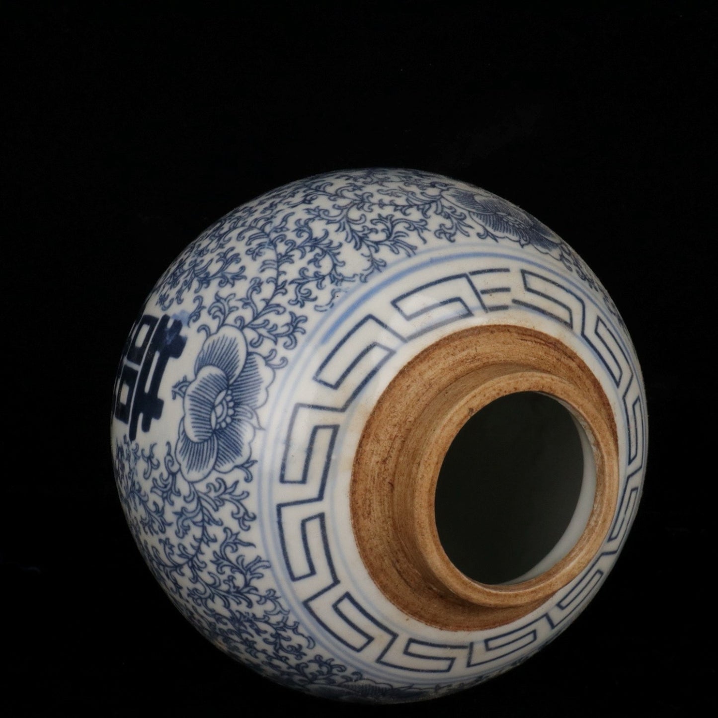 Blue and white auspicious characters, floral patterns, and precious pearl altar