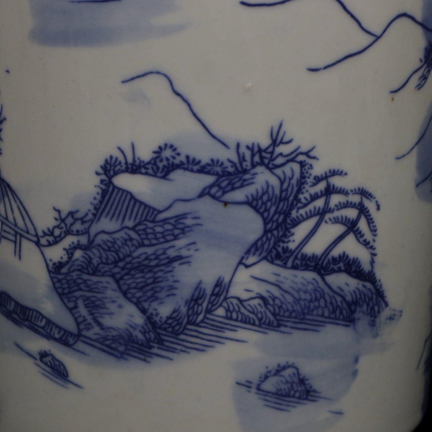 Blue and white landscape patterned covered jar
