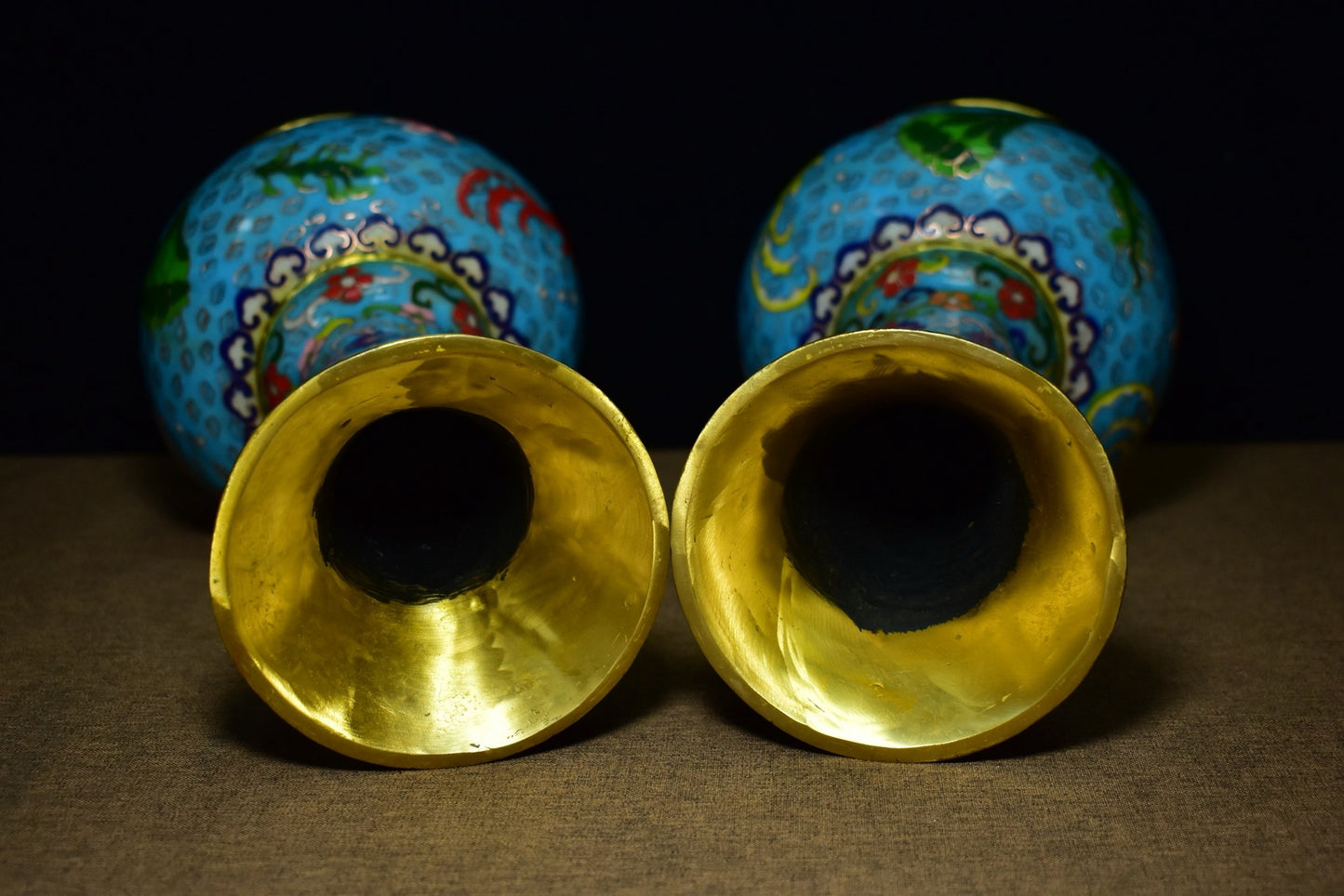 A pair of brass cloisonn é vases